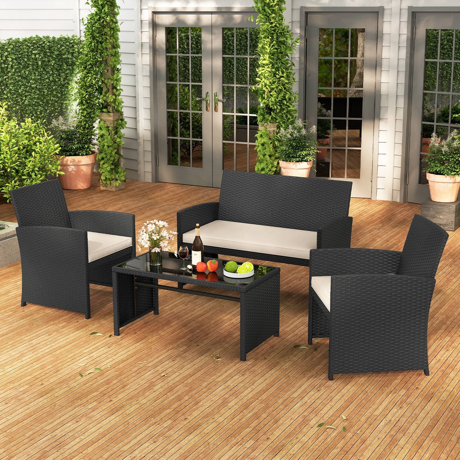 Alt View 3. Gymax - Gymax Set of 4 Patio Conversation Set w/Seat Cushions & Tempered Glass Tabletop Porch Outdoor - White.