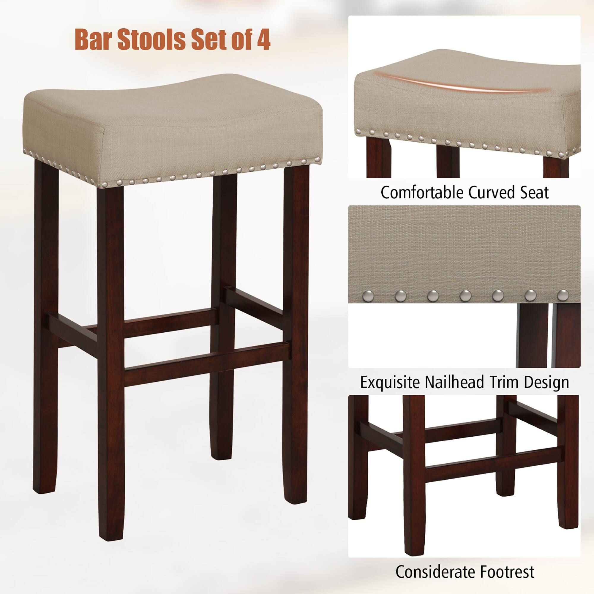 Bar Stools Set of 4

Comfortable Curved Seat
Exquisite Nailhead Trim Design
Considerate Footrest