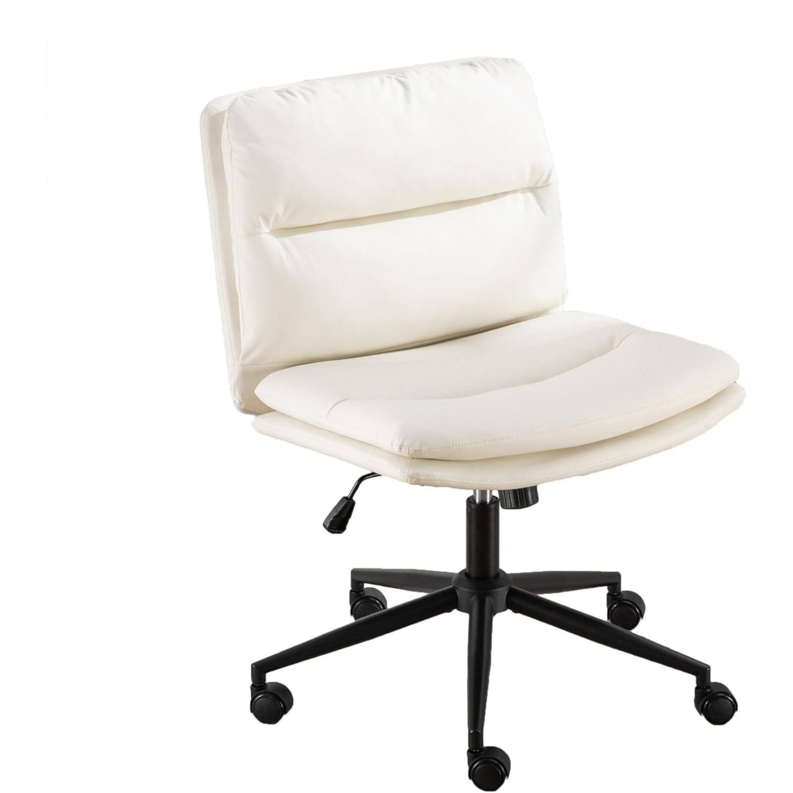 Front. Halitaa - Modern PU Leather Armless Office Chair, Adjustable Height & 250lbs Capacity, for Home Office & Bedroom, Wheels Included - White.