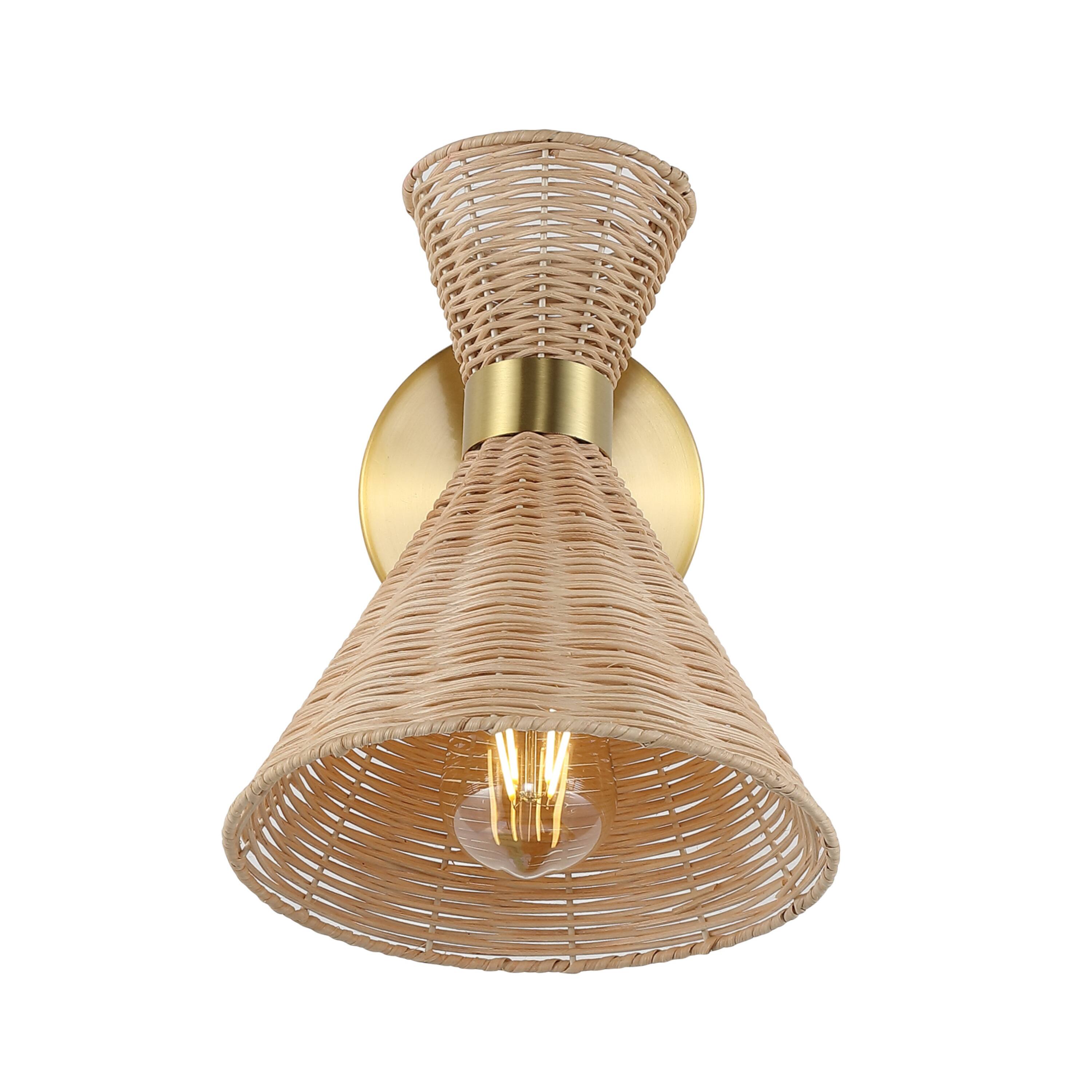 Alt View 9. Jonathan Y - Zoey 10" 1-Light Mid-Century Vintage Retro Rattan/Metal LED Sconce with Adjustable Shade, Light Brown/Brass Gold - Brass Gold/Light Brown.
