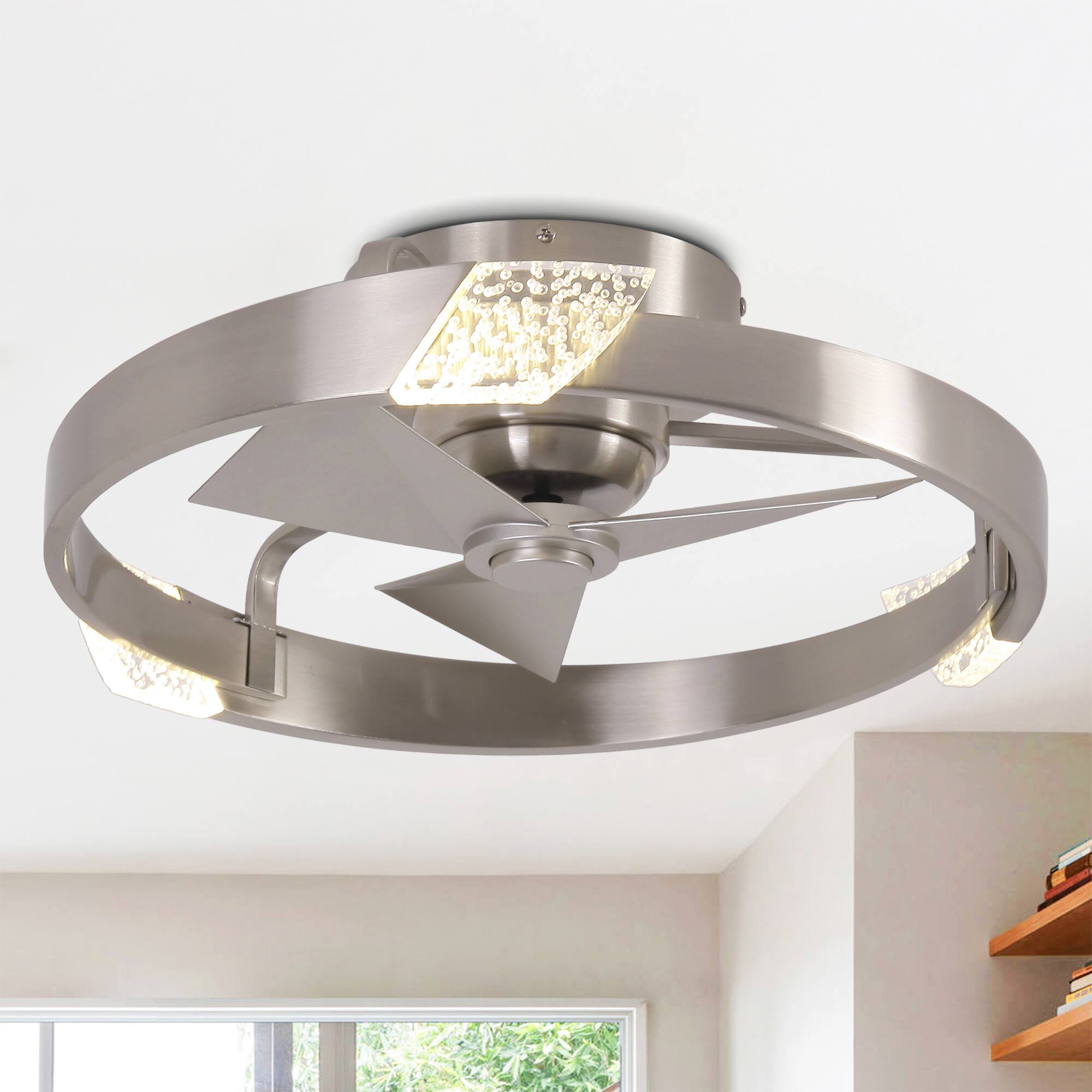 Front. Parrot Uncle - 20" Modern Sand Nickel Dimmable LED Low Profile Small Ceiling Fan with Remote and Light - Nickel.