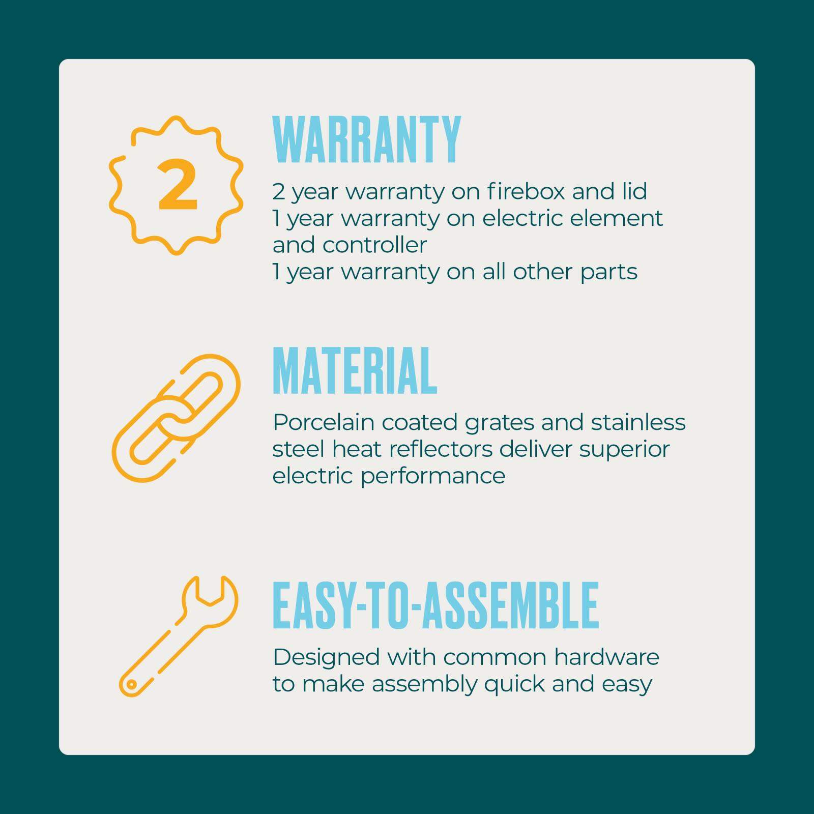 1. Warranty: 2 year warranty on firebox and lid, 1 year warranty on electric element and controller, 1 year warranty on all other parts.
2. Material: Porcelain coated grates and stainless steel heat reflectors deliver superior electric performance.
3. Easy-to-Assemble: Designed with common hardware to make assembly quick and easy.