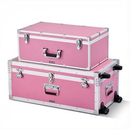 VEVOR - Metal Storage Trunk, Set of 2, Wooden Suitcase Storage Boxes with Padlocks, Large Trunk Includes Casters - Pink