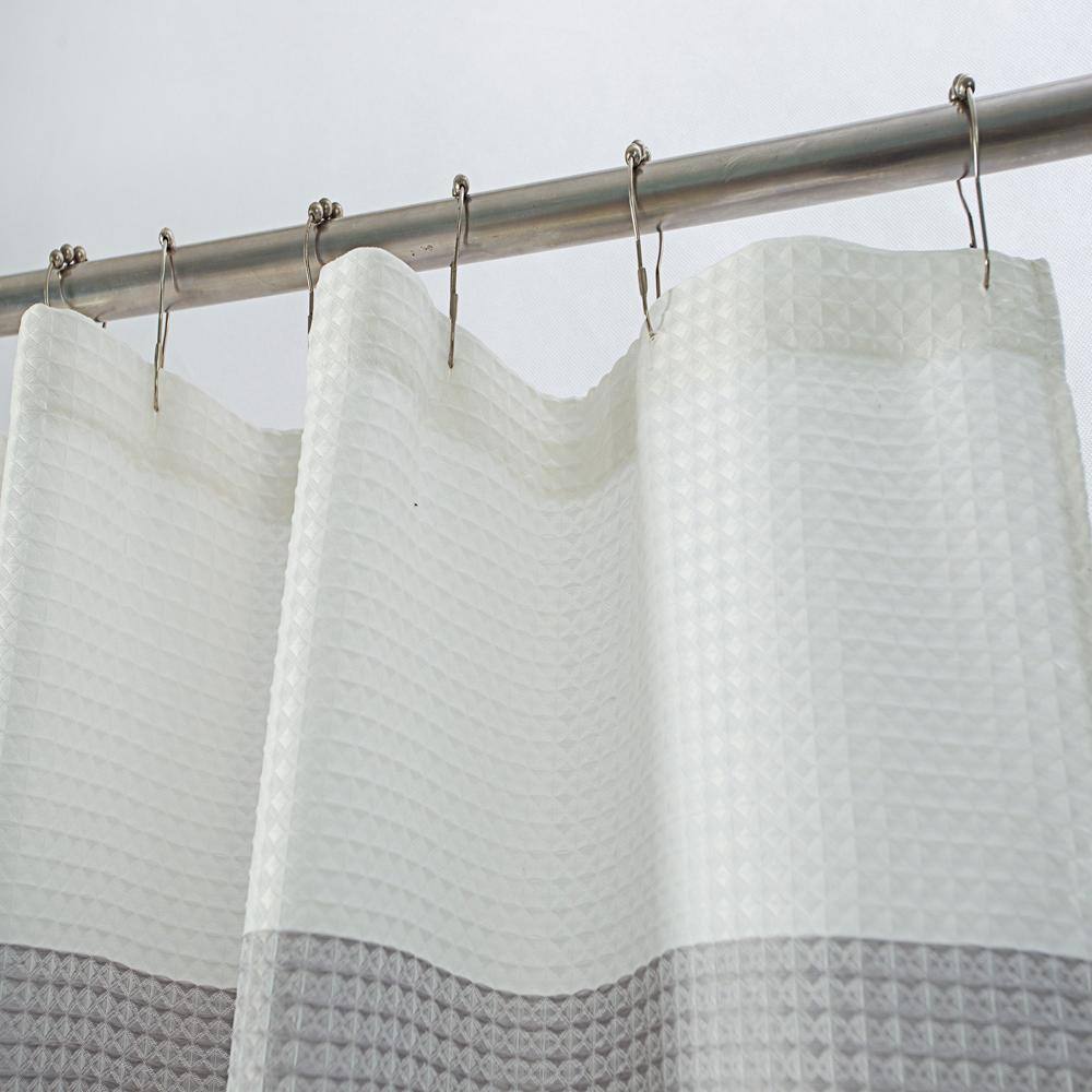 Left. Olivia Gray - Olivia Gray Glamor Fade-resistant Striped Waffle Jacquard Shower Curtain with 1 Stitched Buttonholes 70" x 72" Silver - Silver.