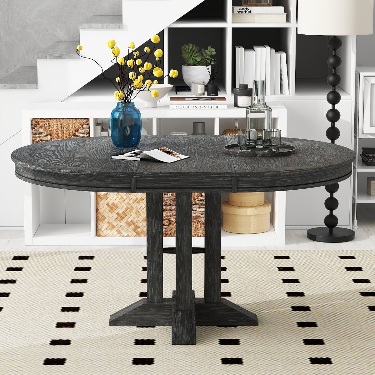 Loheer - Extendable Dining Table, Round Farmhouse Table for Kitchen and Dining Room - Black