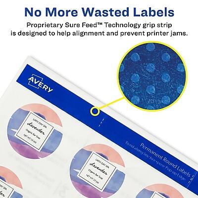 No More Wasted Labels  
Proprietary Sure Feed™ Technology grip strip is designed to help alignment and prevent printer jams.

AVERY  
LAMINATED ON BOTH SIDES  
Lavender  
100% Waterproof  
100% Recyclable  
Permanent Round Pop-up Labels  
Bend along Permanent line to expose Round Pop-up Labels Edge