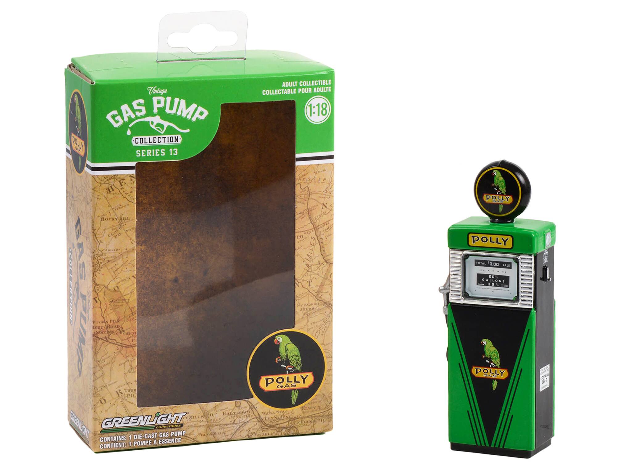 Vintage GAS PUMP  
COLLECTION  
SERIES 13  

ADULT COLLECTIBLE  
COLLECTABLE POUR ADULTE  

1:18  

CONTAINS: 1 DIE-CAST GAS PUMP  
CONTIENT: 1 POMPE À ESSENCE  

GREENLIGHT  

Polly Gas