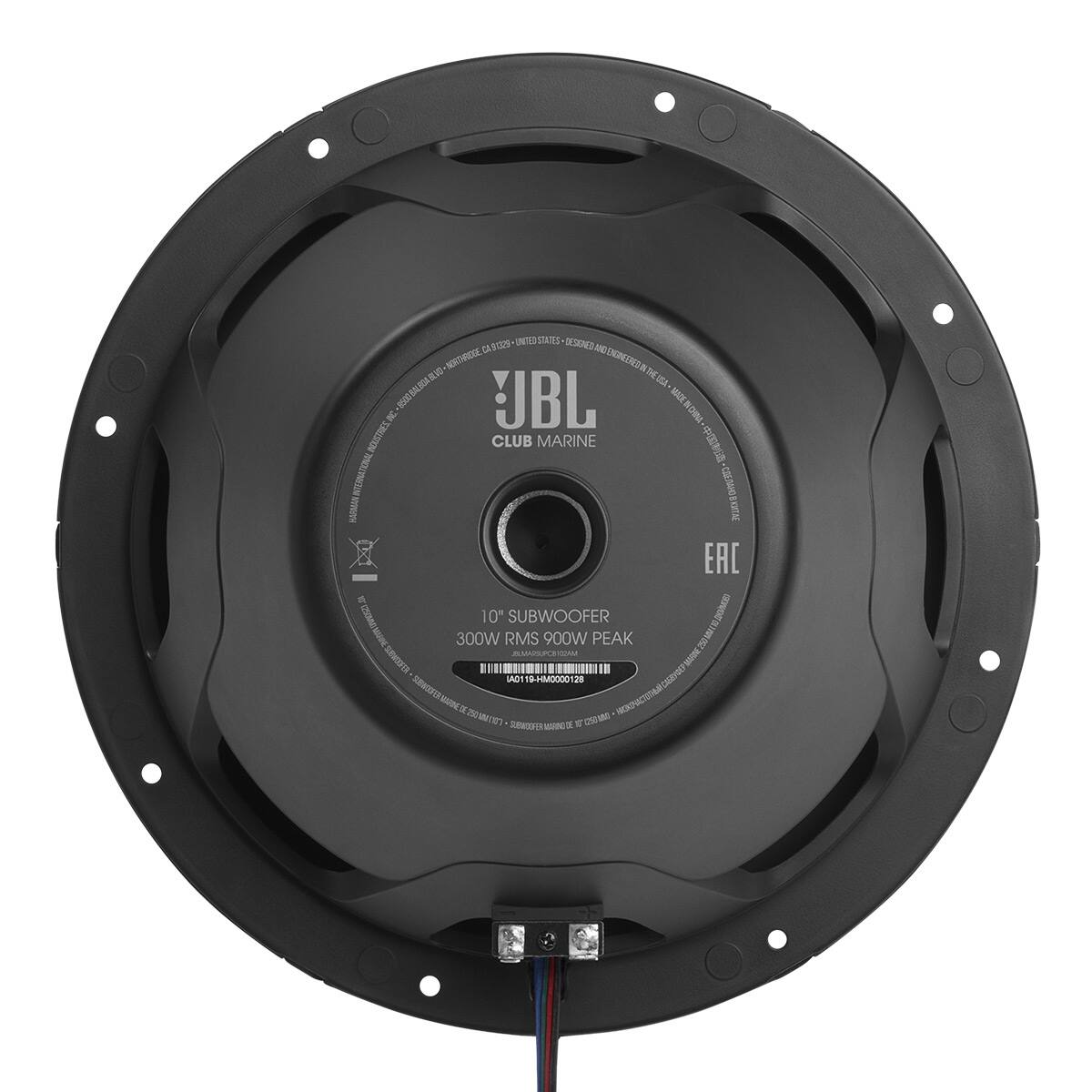 JBL CLUB MARINE  
10" SUBWOOFER  
300W RMS 900W PEAK  
MADE IN USA  
EAC  
10000012