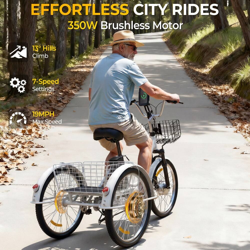 EFFORTLESS CITY RIDES  
350W Brushless Motor  
13° Hills Climb  
7-Speed Settings  
19MPH Max Speed