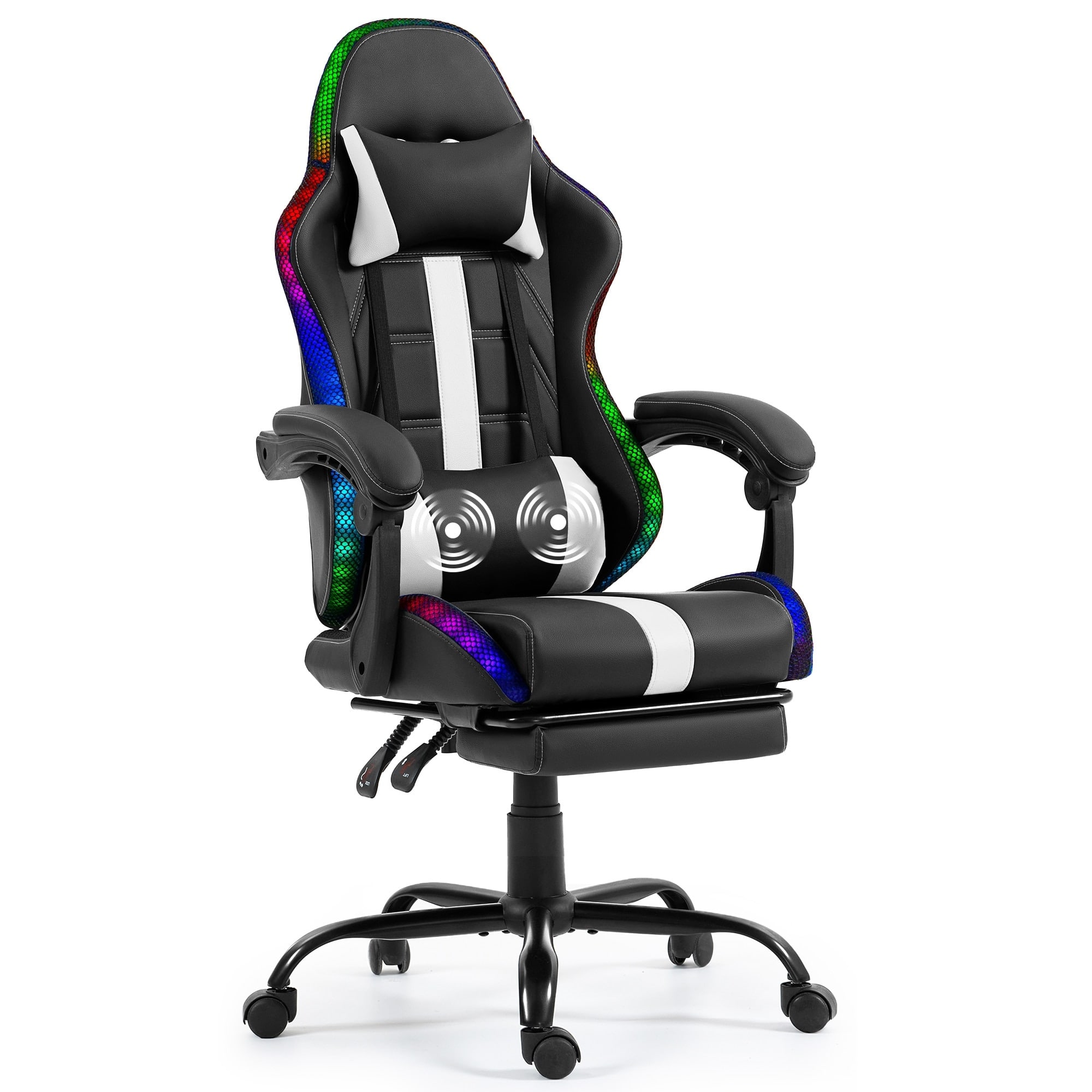 U-HOMY - High-Back RGB LED Gaming Chair with Upgraded Lumbar Massager & Footrest, Ergonomic Reclining Computer Chair - White