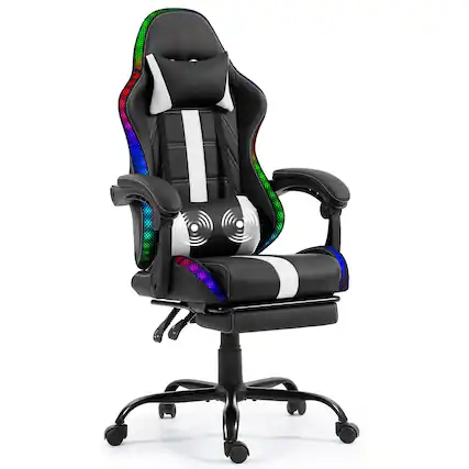 Front. U-HOMY - High-Back RGB LED Gaming Chair with Upgraded Lumbar Massager & Footrest, Ergonomic Reclining Computer Chair - White.