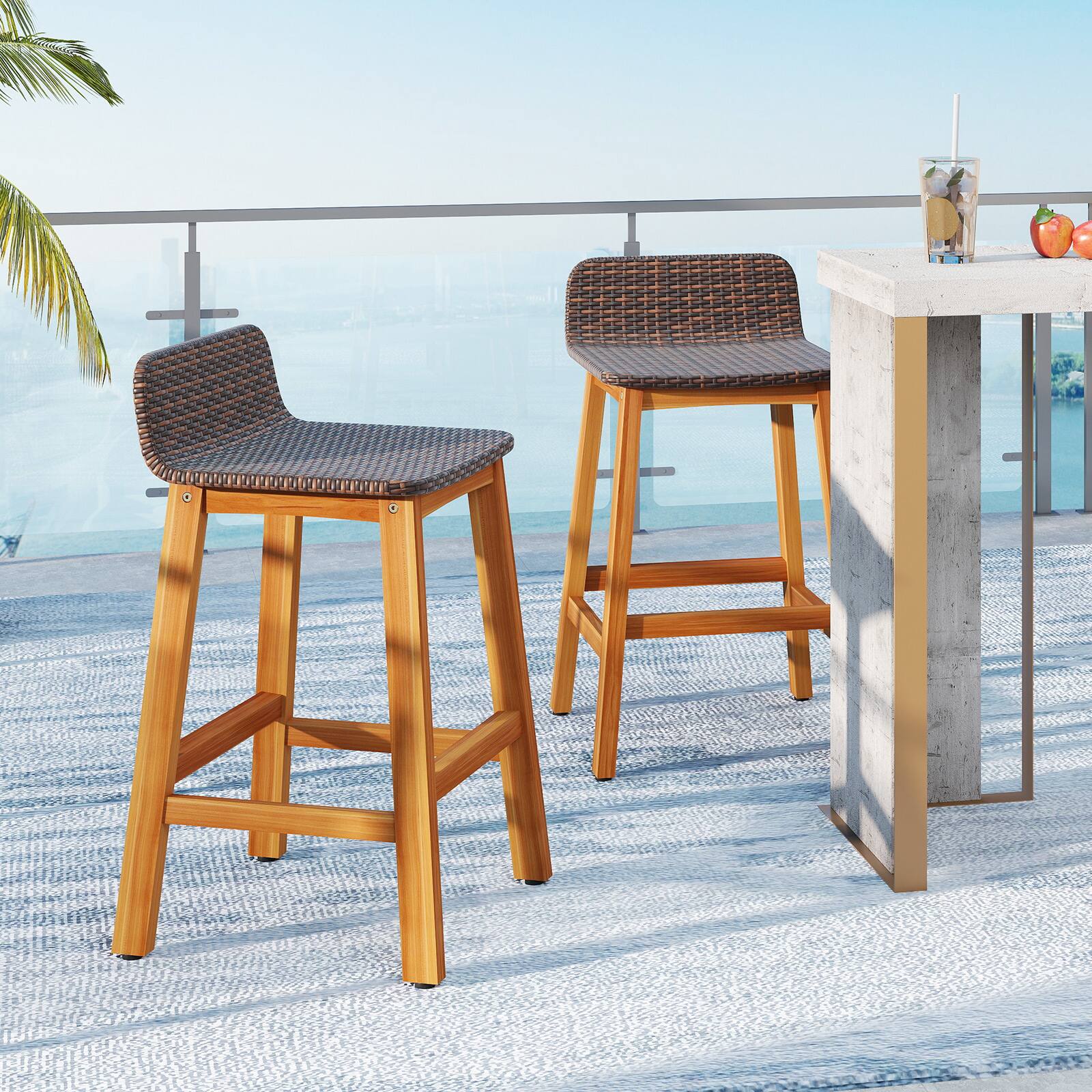 Alt View 1. Gymax - Gymax Solid Acacia Wood Bar Stools Set of 2 Rattan Bar Height Patio Chairs for Porch - Natural.