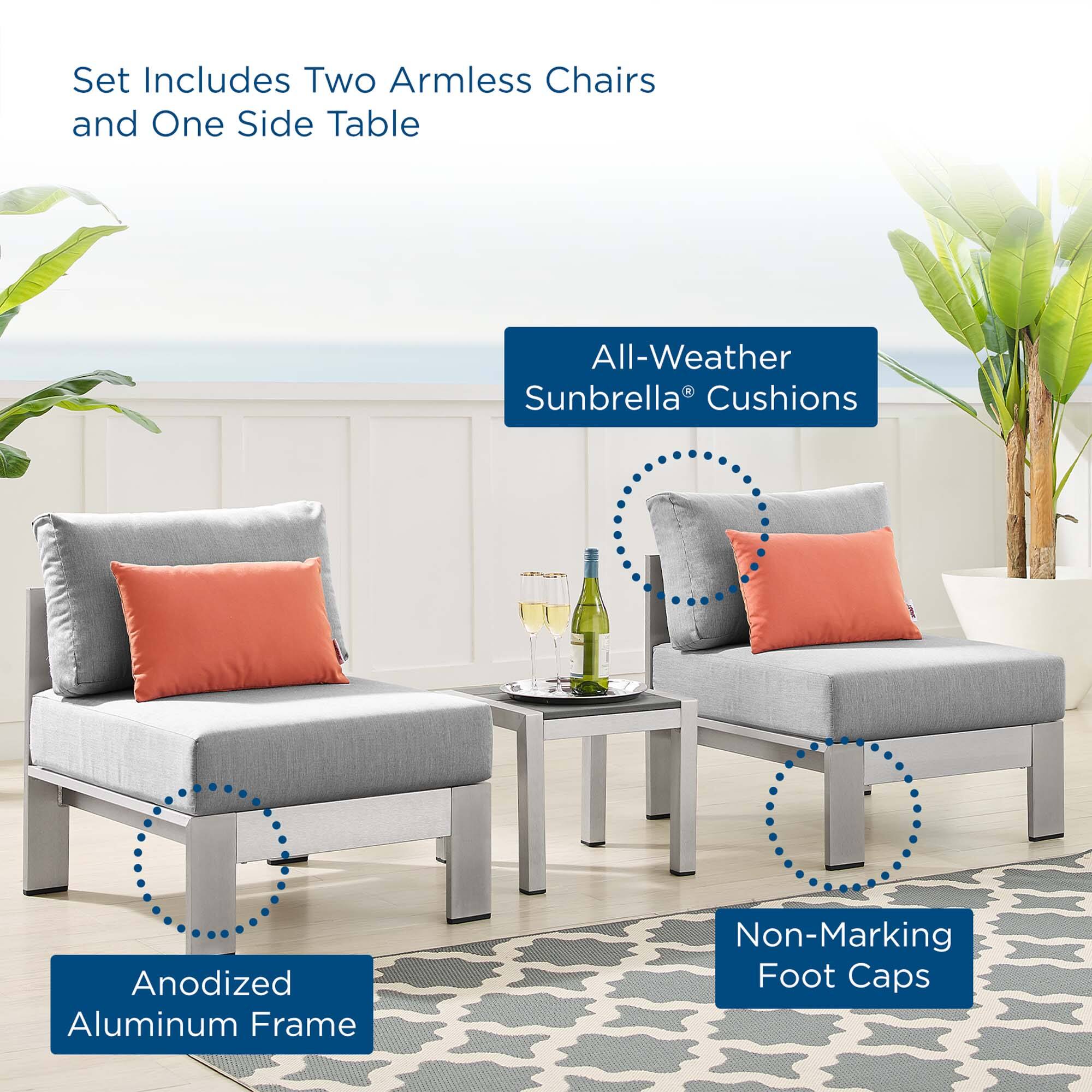 Set Includes Two Armless Chairs and One Side Table

- All-Weather Sunbrella® Cushions
- Anodized Aluminum Frame
- Non-Marking Foot Caps