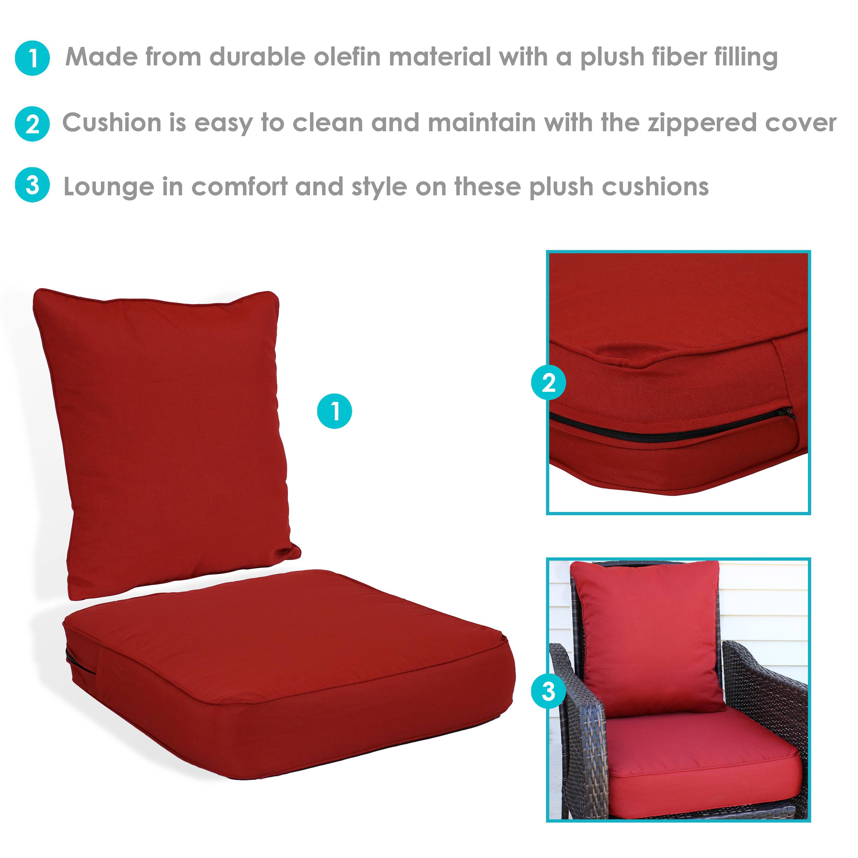 1. Made from durable olefin material with a plush fiber filling  
2. Cushion is easy to clean and maintain with the zippered cover  
3. Lounge in comfort and style on these plush cushions