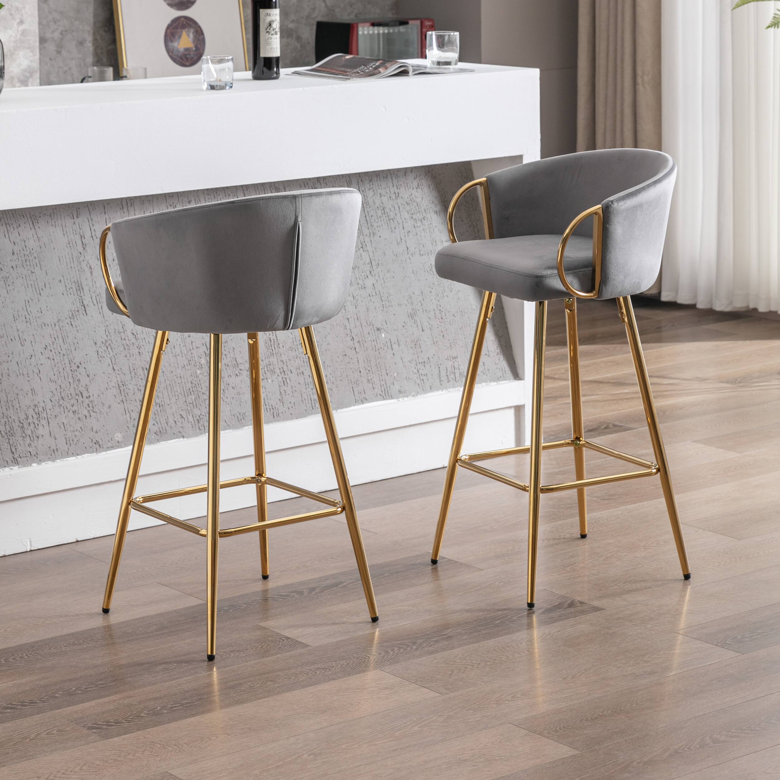 Back. APRILSOUL - 30 Inch Set of 2 Bar Stools Chrome Footrest Base Velvet Golden Leg Simple GRAY - Gray.