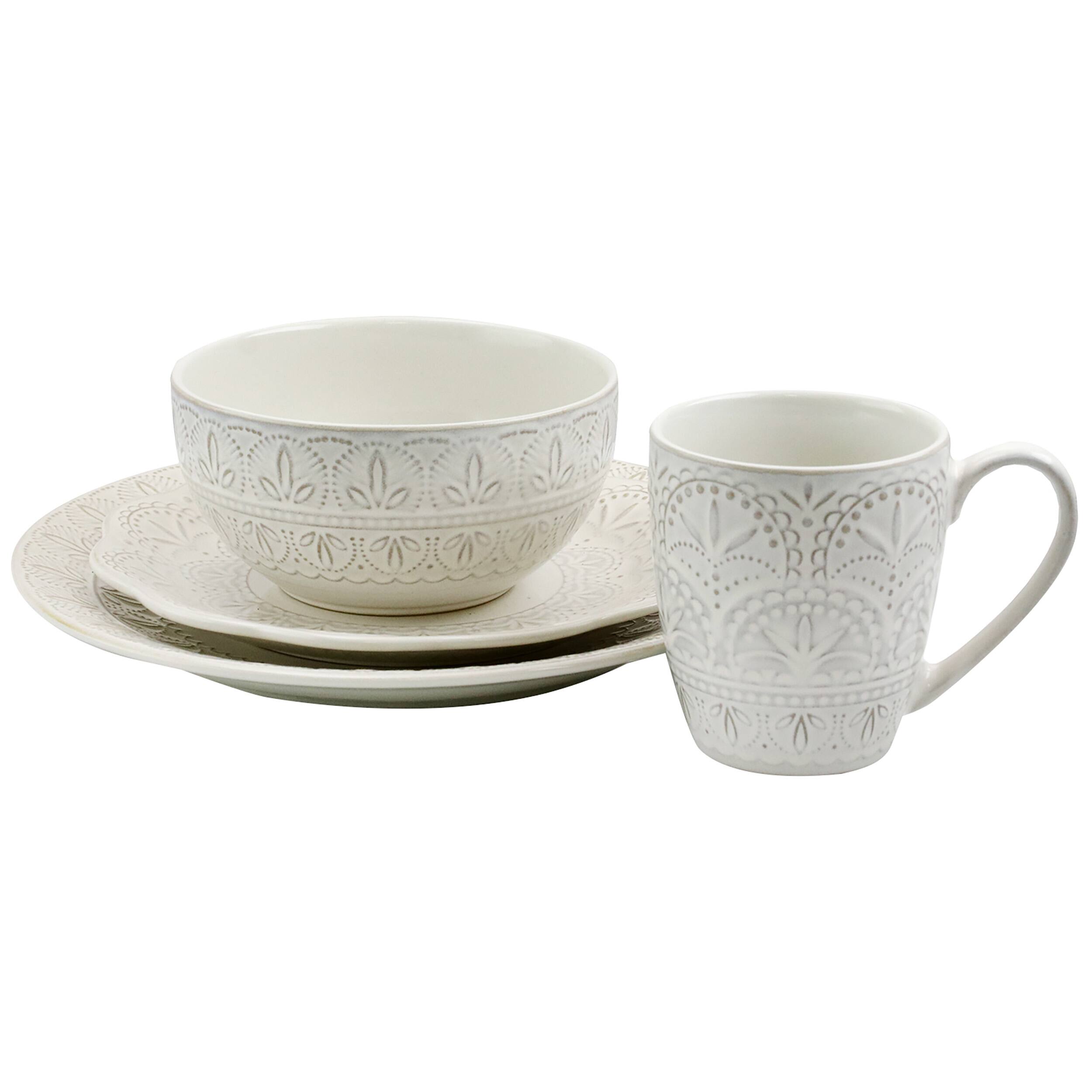 Alt View 5. Elama - Elama White Lace 16 Piece Luxurious Stoneware Dinnerware with Complete Setting for 4 - White.