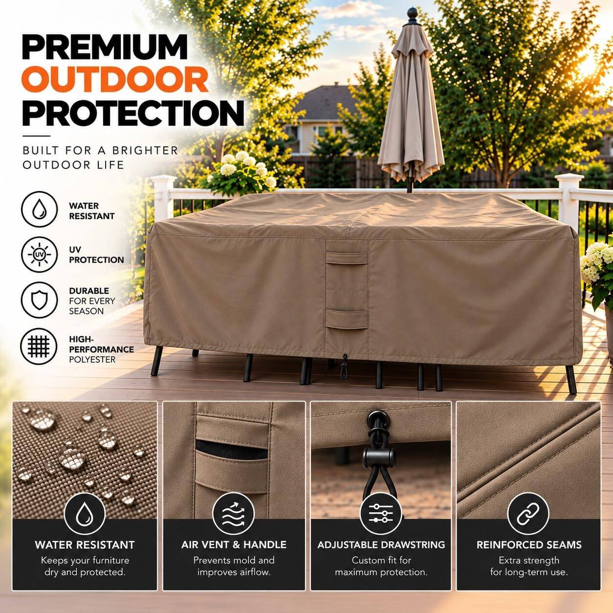 PREMIUM OUTDOOR PROTECTION  
BUILT FOR A BRIGHTER OUTDOOR LIFE  

- WATER RESISTANT  
- UV PROTECTION  
- DURABLE FOR EVERY SEASON  
- HIGH-PERFORMANCE POLYESTER  

WATER RESISTANT  
Keeps your furniture dry and protected.  

AIR VENT & HANDLE  
Prevents mold and improves airflow.  

ADJUSTABLE DRAWSTRING  
Custom fit for maximum protection.  

REINFORCED SEAMS  
Extra strength for long-term use.