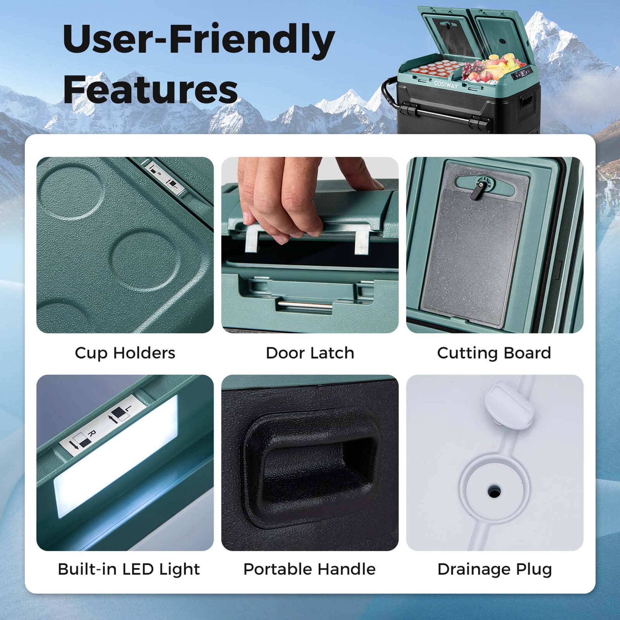 User-Friendly Features:

1. Cup Holders
2. Door Latch
3. Cutting Board
4. Built-in LED Light
5. Portable Handle
6. Drainage Plug