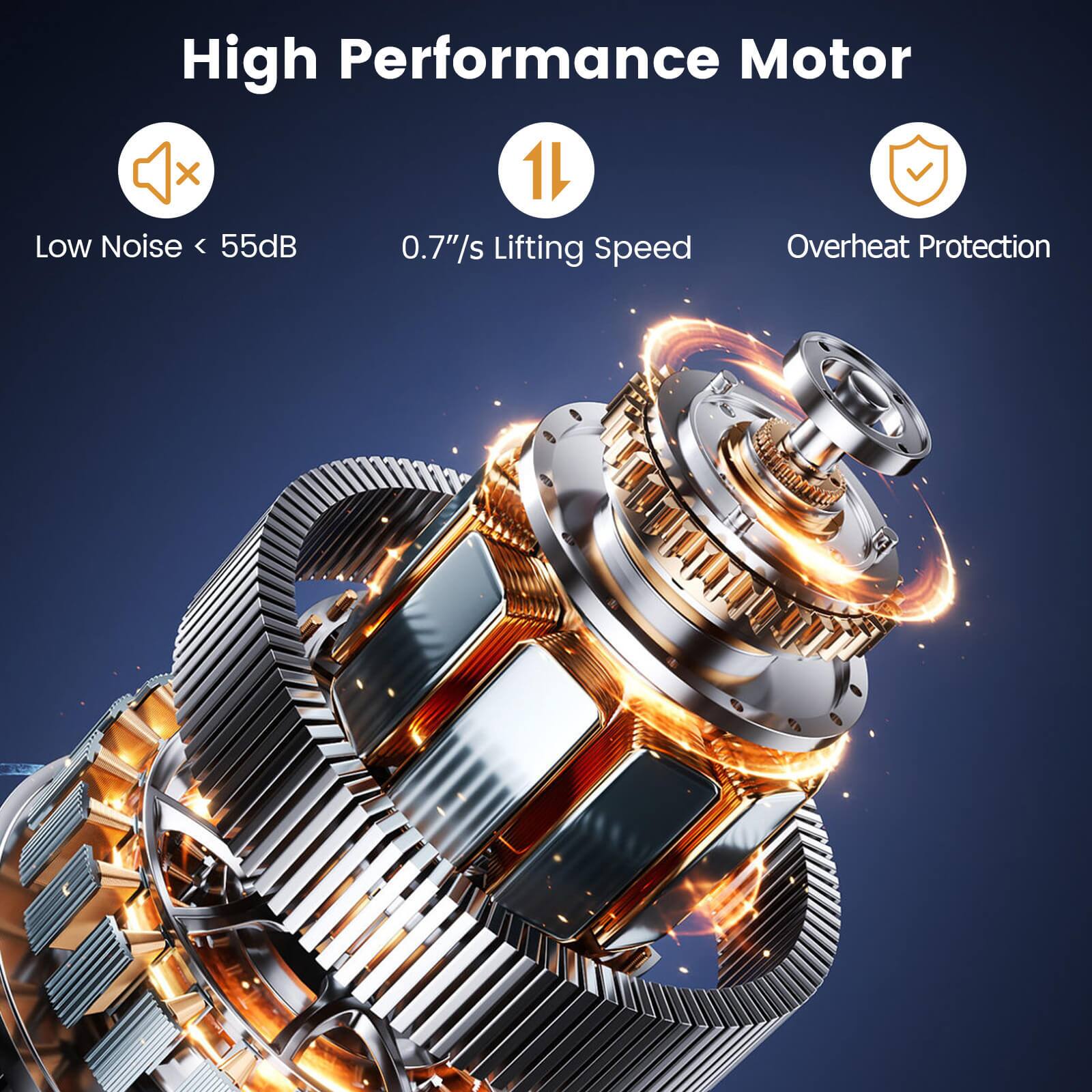 High Performance Motor

- Low Noise < 55dB
- 0.7"/s Lifting Speed
- Overheat Protection