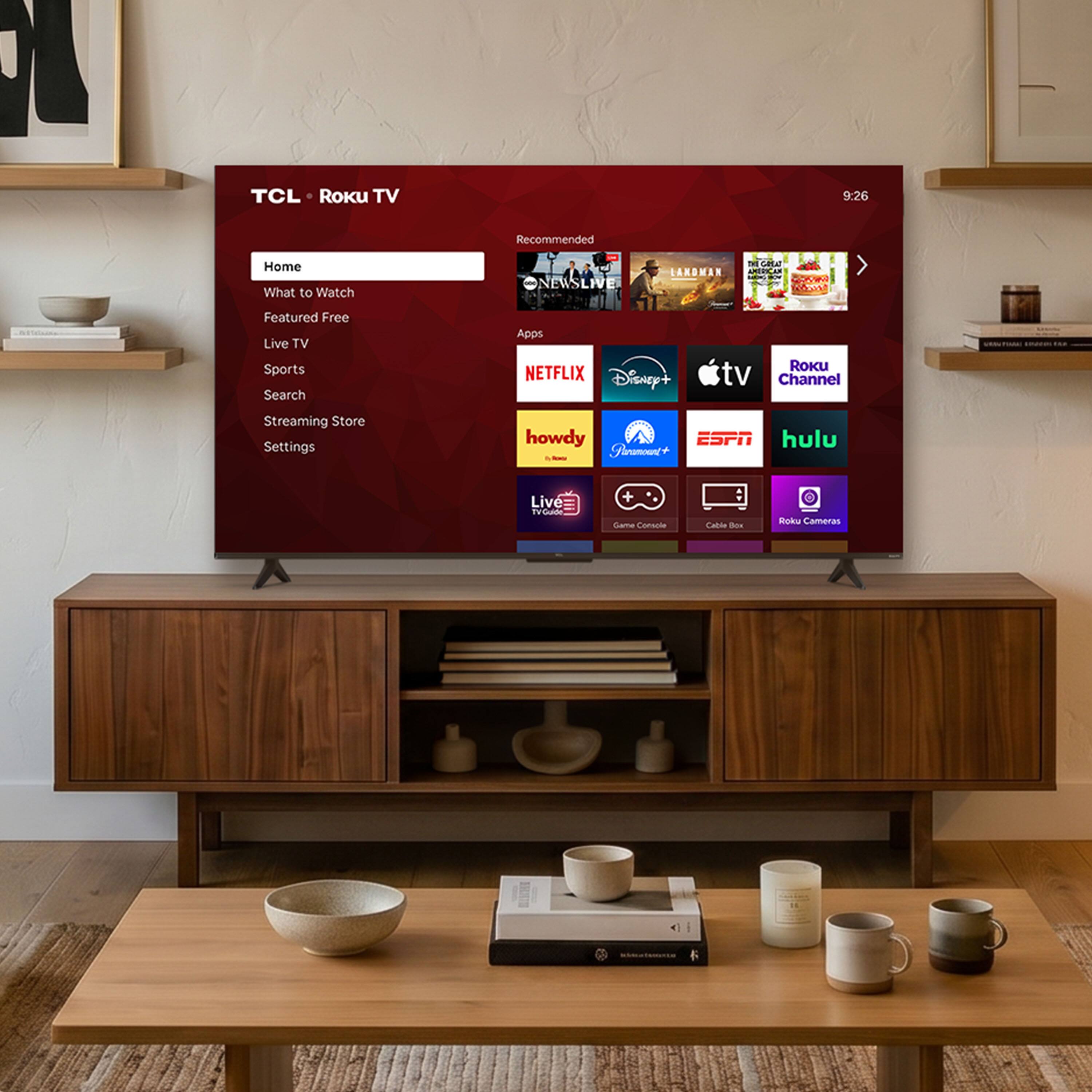 TCL Roku TV  
9:26  
Recommended  
Home  
What to Watch  
Featured Free  
Live TV  
Sports  
Search  
Streaming Store  
Settings  

ONEWSLIVE  
LANDMINES  
NETFLIX  
Disney+  
Apple TV  
Roku Channel  
howdy  
ESPN  
hulu  

Live TV  
Game Console  
Cable Box  
Roku Cameras
