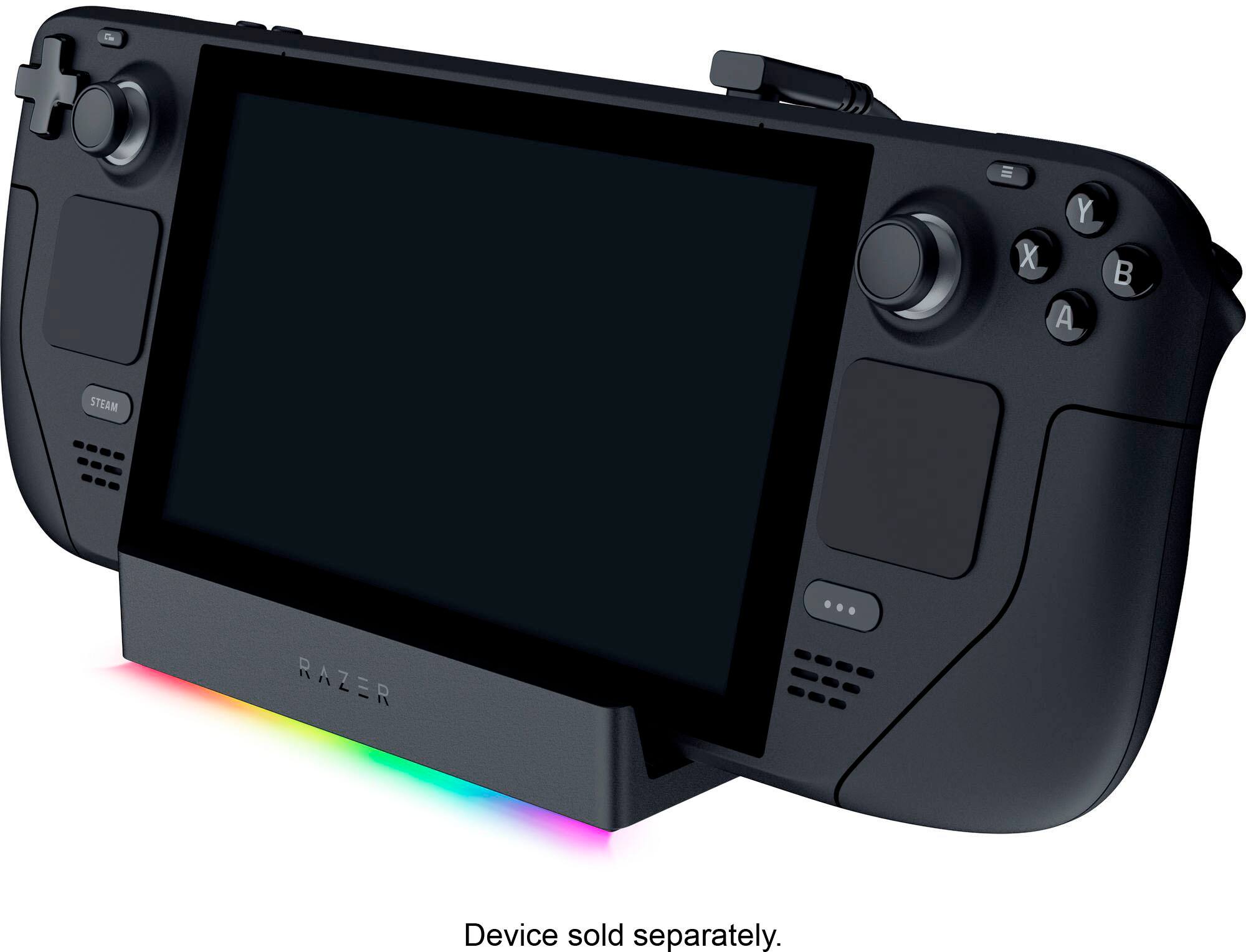 The image shows a black gaming device with a screen, and it is advertised as a Steam device. The device is sold separately, and it is a part of the Razer lineup.