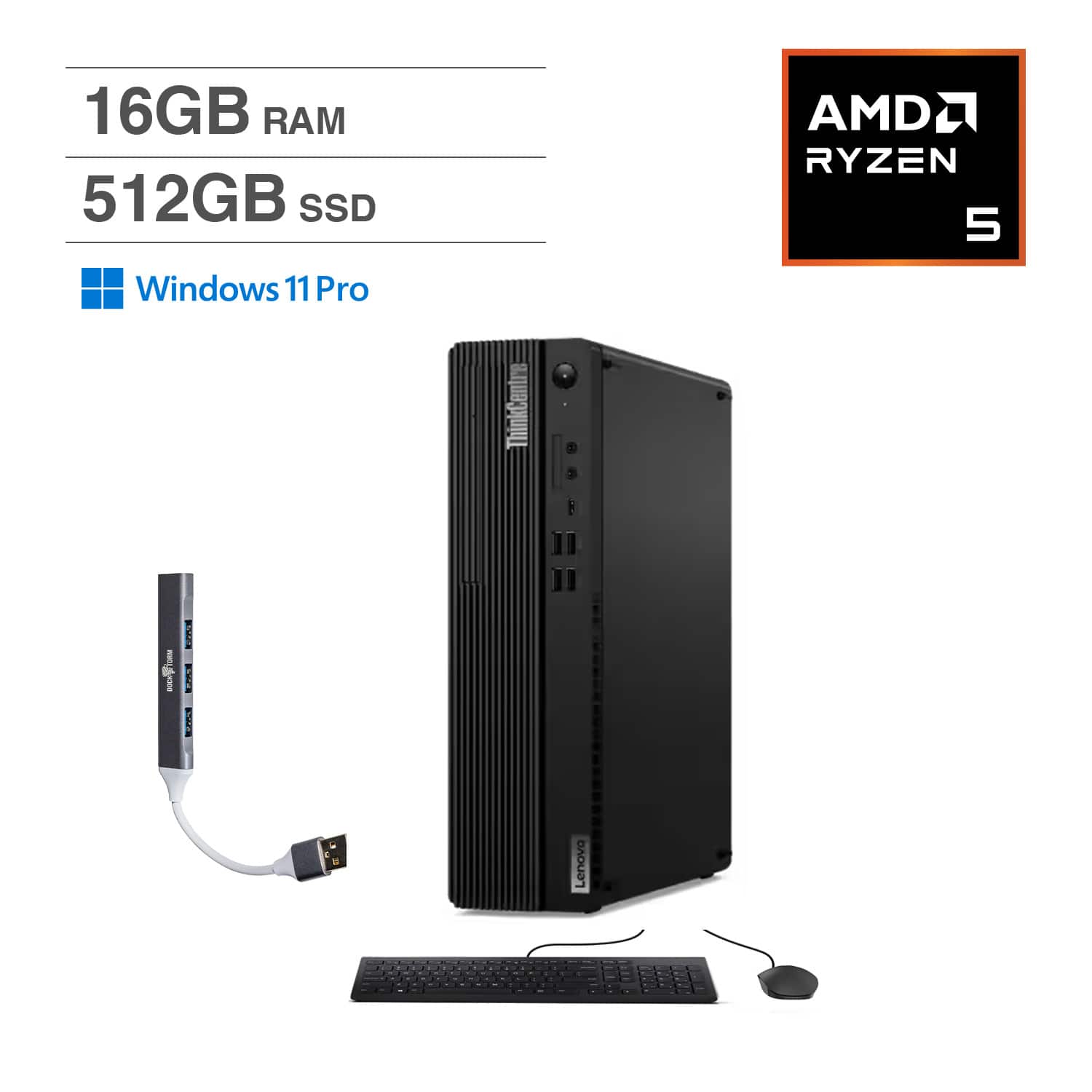 Lenovo - ThinkCentre M75s Mini Desktop (AMD Ryzen 5 Pro 5650G, 16GB DDR4, 512GB PCIe SSD, Win 11 Pro) w/USB Hub - Black