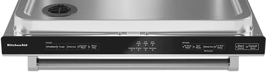 KitchenAid CYCLES #ProWash. Tough Normal Express Wash Rinse Only 2 2H Hr Hr Delay Delay Delay Washing Drying Clean Sanitized OPTIONS Hi Temp Wash Sani Rinse 2-4-8 Hr Hr Heat Dry Delay Extended Start Cancel RESUME DRAIN