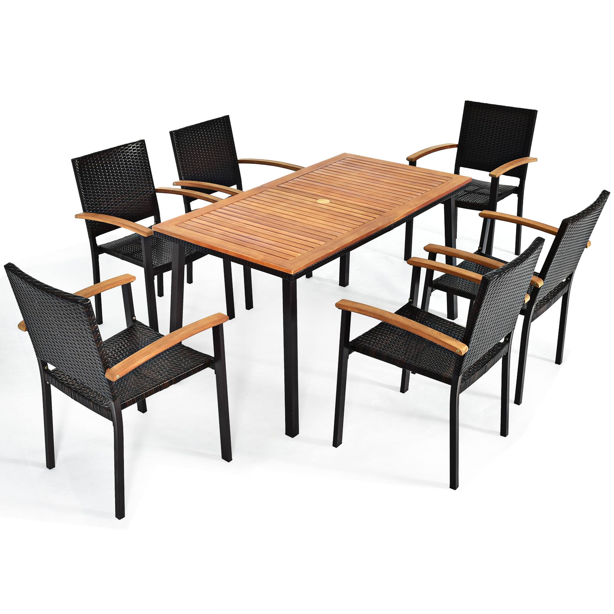 Alt View 8. Gymax - Gymax 7PCS Rattan Outdoor Dining Set Patio Furniture Set w/ Wooden Tabletop - Black.