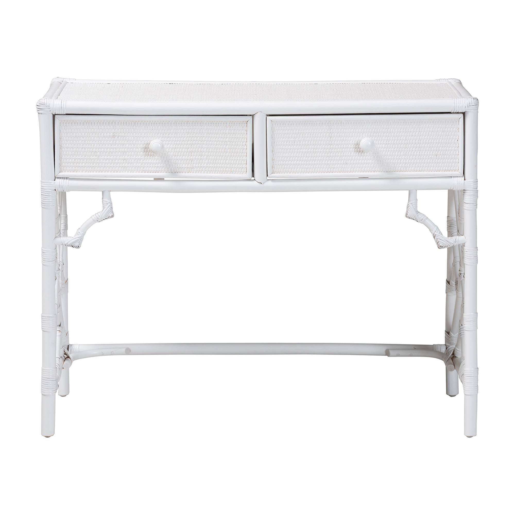 Left. bali & pari - Lindie Natural Rattan Writing Desk with Two Drawers - White.