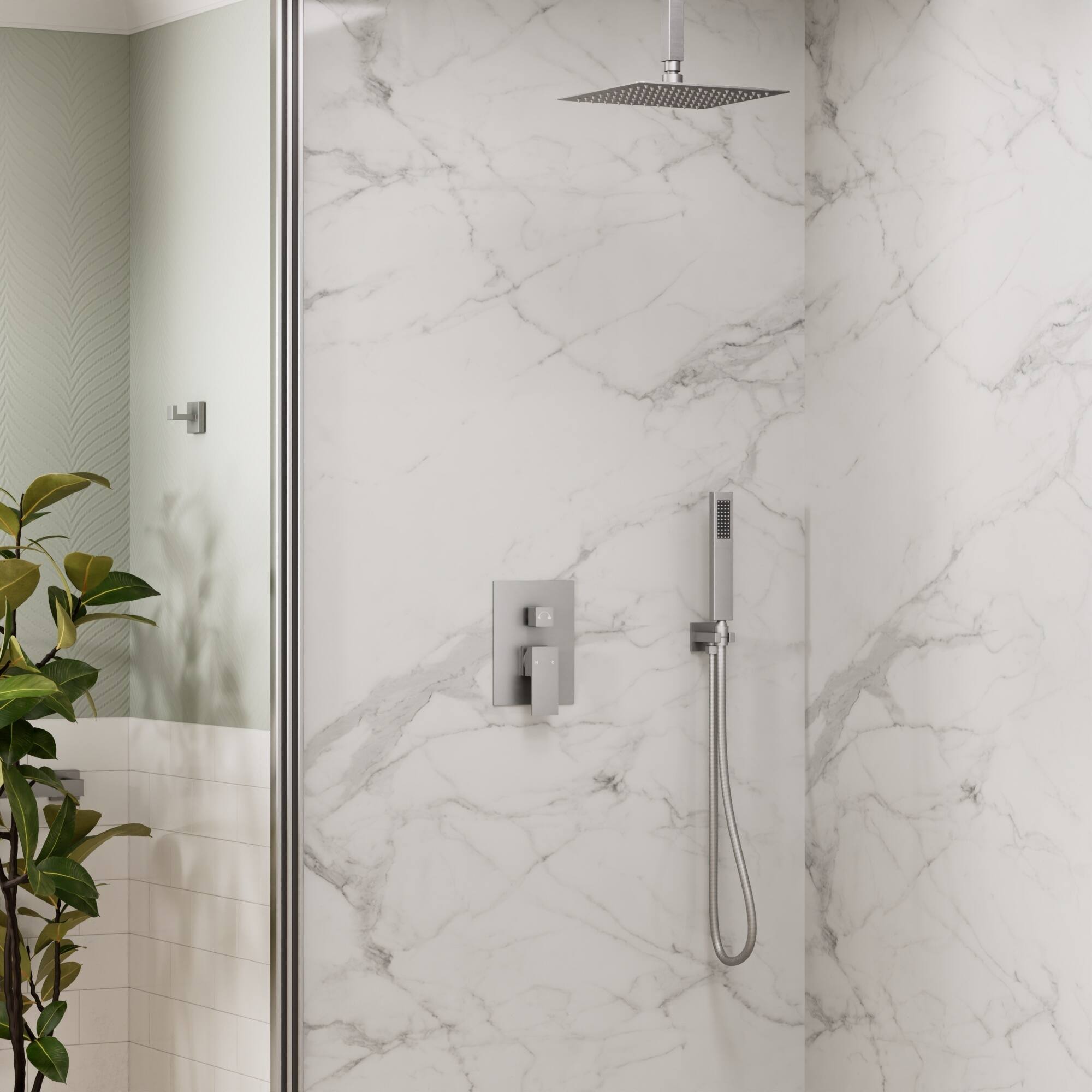 Angle. GRANDJOY - Durable 10-Inch Rainfall Shower Faucet Set, 2-Mode Handheld, Anti-Fingerprint Coating, Water-Saving Design - Brushed Nickel.