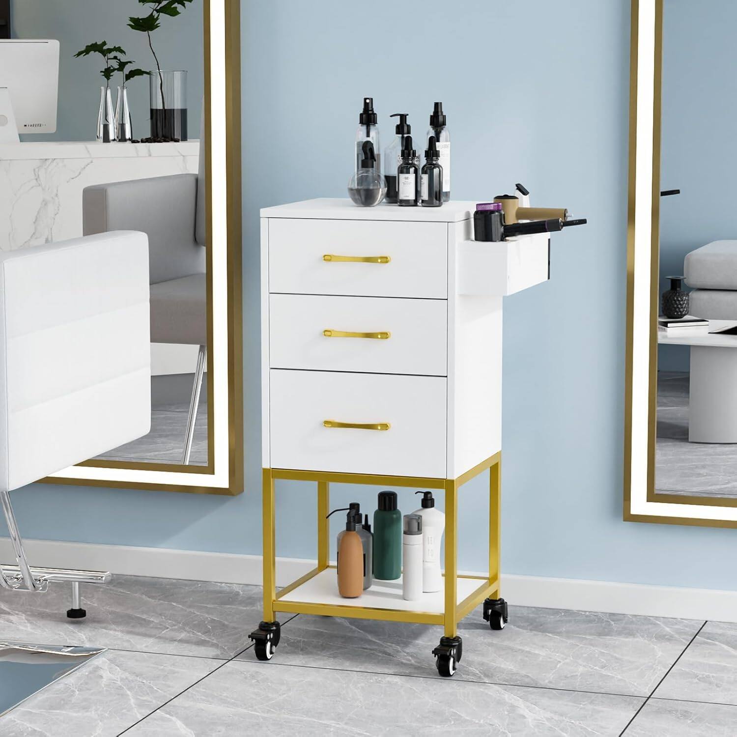 Angle. Winado - Salon Trolley Rolling Beauty Storage Cart with 3 Drawers & Heat-Resistant Holders & Wheels for Lash Artists, Tattoo, Spa - White & Gold.
