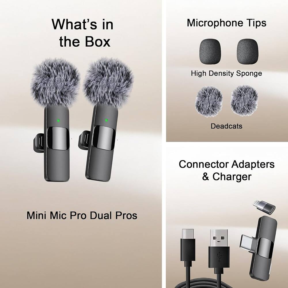 What's in the Box
Mini Mic Pro Dual Pros
Microphone Tips
- High Density Sponge
- Deadcats
Connector Adapters & Charger