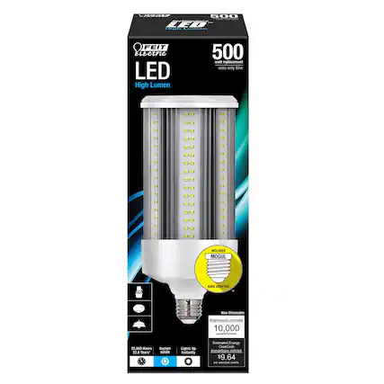MMP 500
FEIT Electric LED High Lumen 500
- Watt replacement uses only 50w
- 1 E 1
- Includes Mogul Base Adapter
- Non-Dimmable
- Brightness/Luminosity: 10,000 lumens
- 25,000 hours
- 22.8 Years
- Daylight 5000K
- Lights up instantly
- Estimated Energy Cost/Cout énergétique: $9.64 per year/annuel