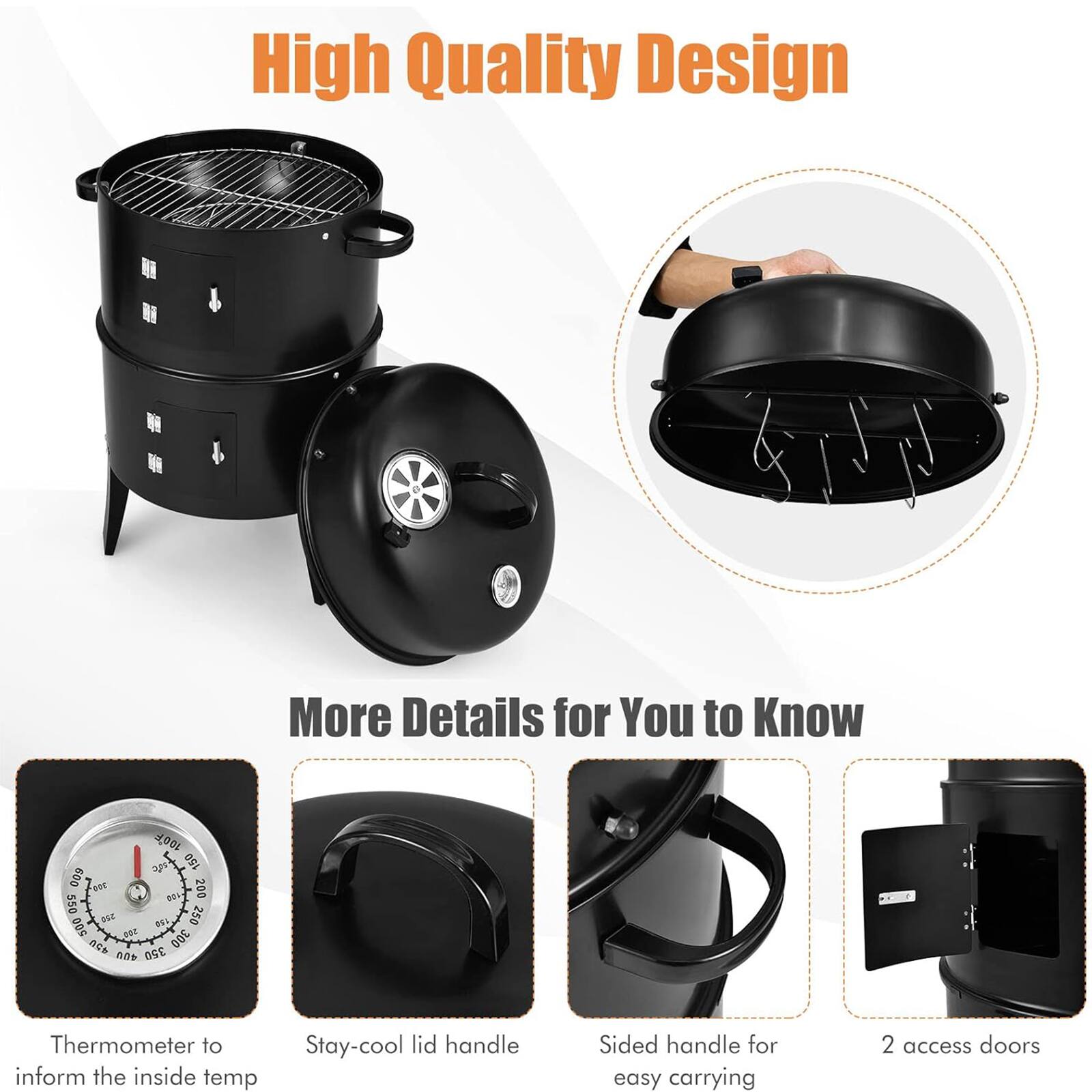 High Quality Design

More Details for You to Know

- Thermometer to inform the inside temp
- Stay-cool lid handle
- Sided handle for easy carrying
- 2 access doors