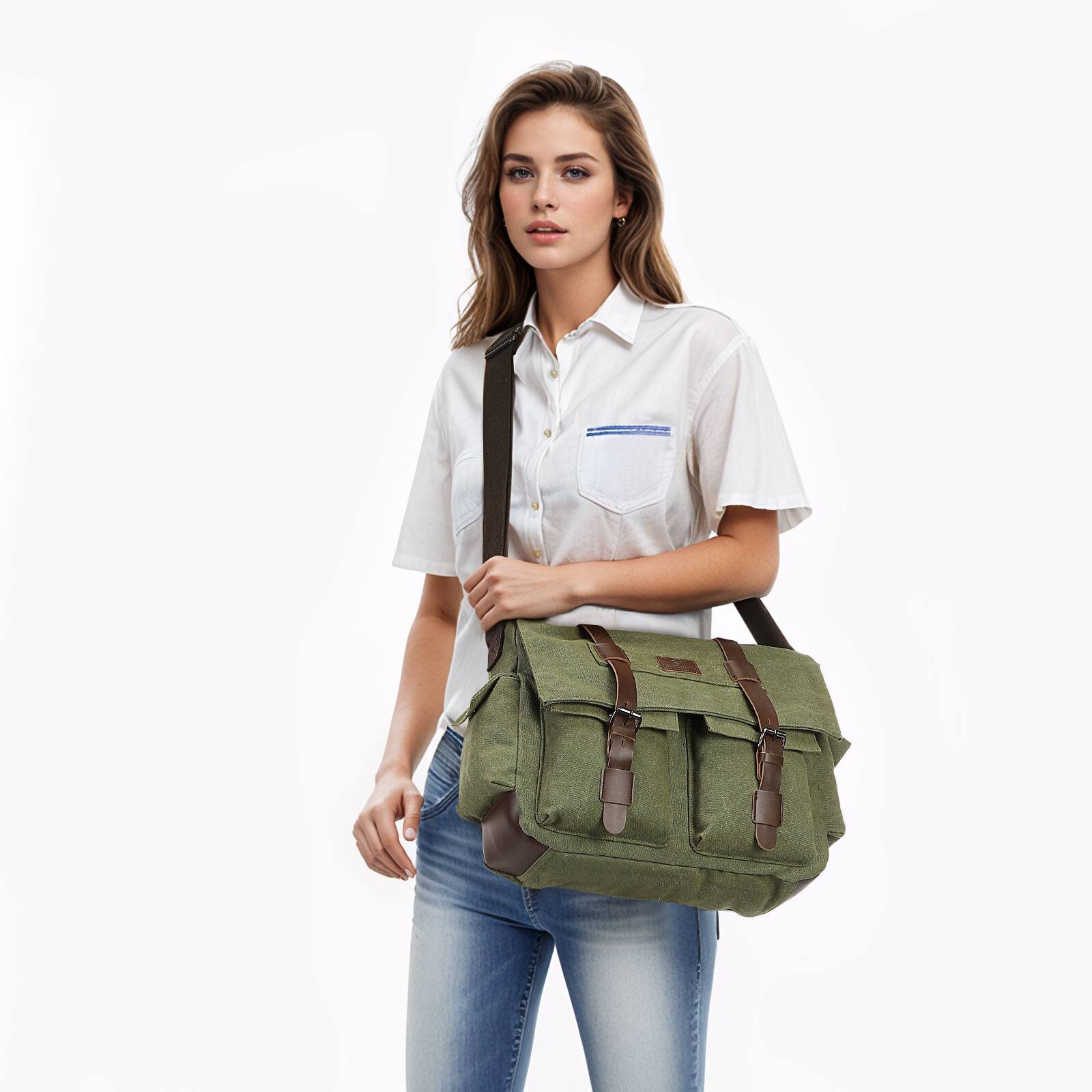 Alt View 5. Unique Bargains - Canvas Crossbody Bag for Men and Women, Vintage Shoulder Bag, Multiple Pockets, Fits 13" Laptops - Green.