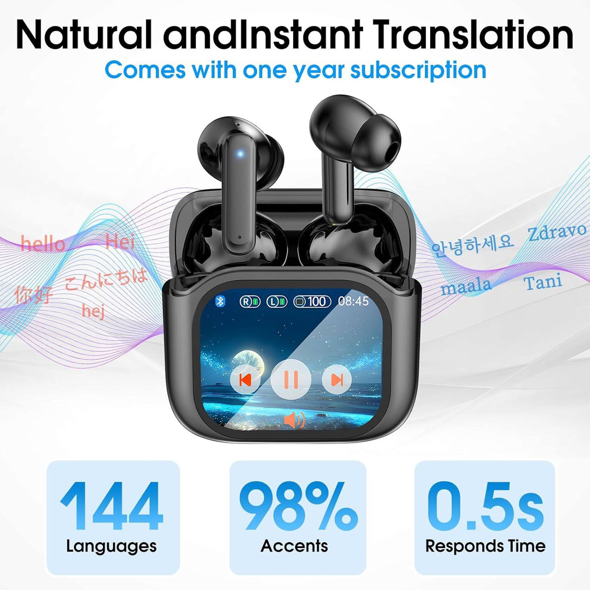 Natural and Instant Translation  
Comes with one year subscription  

hello  
Hei  
hej  
안녕하세요  
Zdravo  
你好  
こんにちは  
maala  
Tani  

144 Languages  
98% Accents  
0.5s Responds Time
