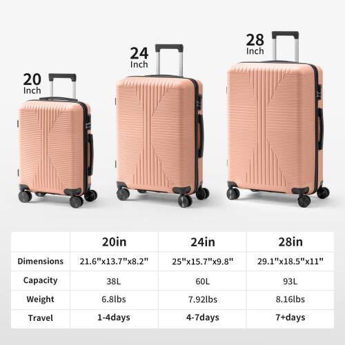 20 Inch  
24 Inch  
28 Inch  

Dimensions  
20in: 21.6"x13.7"x8.2"  
24in: 25"x15.7"x9.8"  
28in: 29.1"x18.5"x11"  

Capacity  
20in: 38L  
24in: 60L  
28in: 93L  

Weight  
20in: 6.8lbs  
24in: 7.92lbs  
28in: 8.16lbs  

Travel  
20in: 1-4 days  
24in: 4-7 days  
28in: 7+ days
