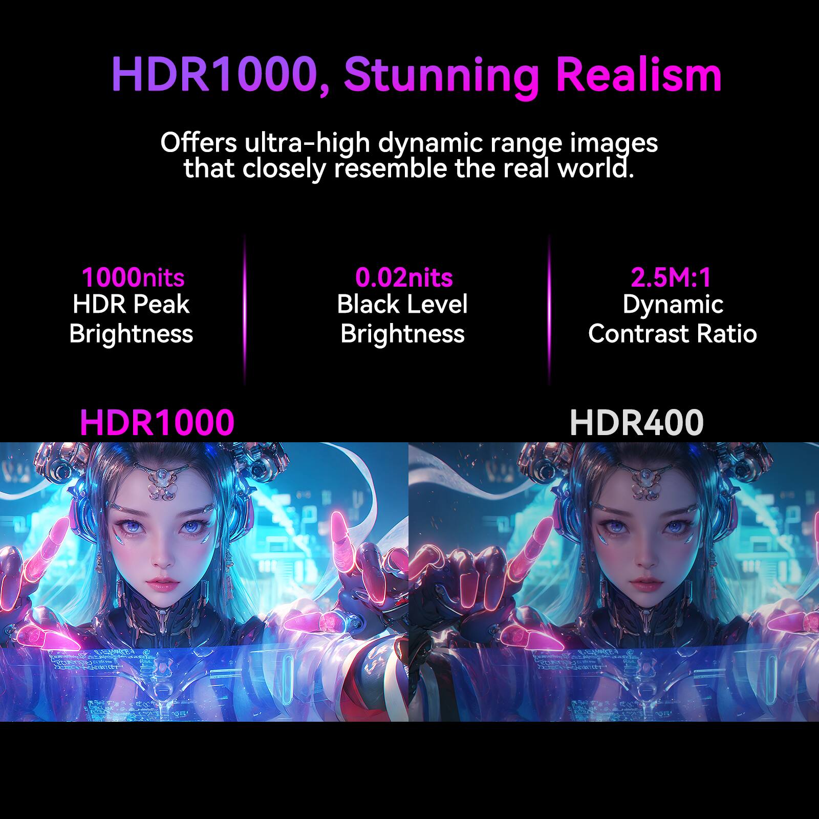 HDR1000, Stunning Realism

Offers ultra-high dynamic range images that closely resemble the real world.

- 1000nits HDR Peak Brightness
- 0.02nits Black Level Brightness
- 2.5M:1 Dynamic Contrast Ratio

HDR1000

HDR400