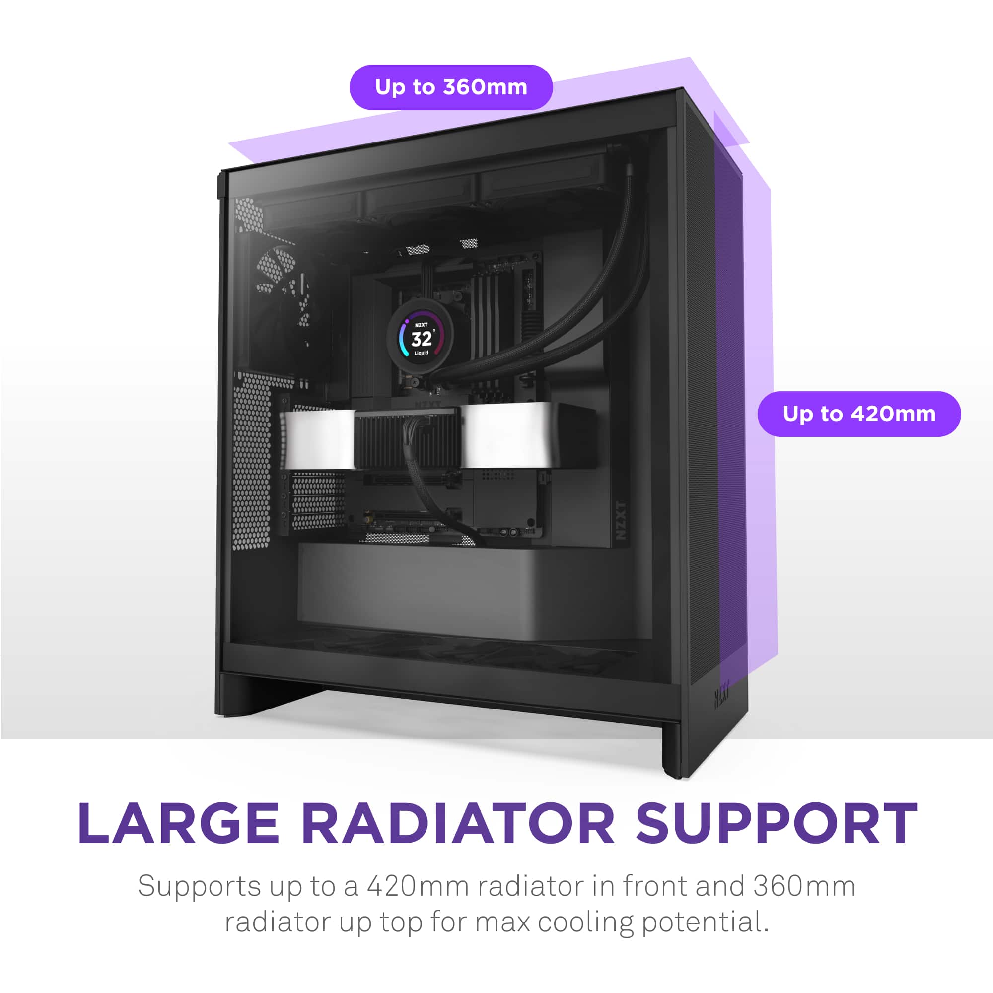 Up to 360mm el 32 - Up to 420mm NZXT M LARGE RADIATOR SUPPORT Supports up to a 420mm radiator in front and 360mm radiator up top for max cooling potential.