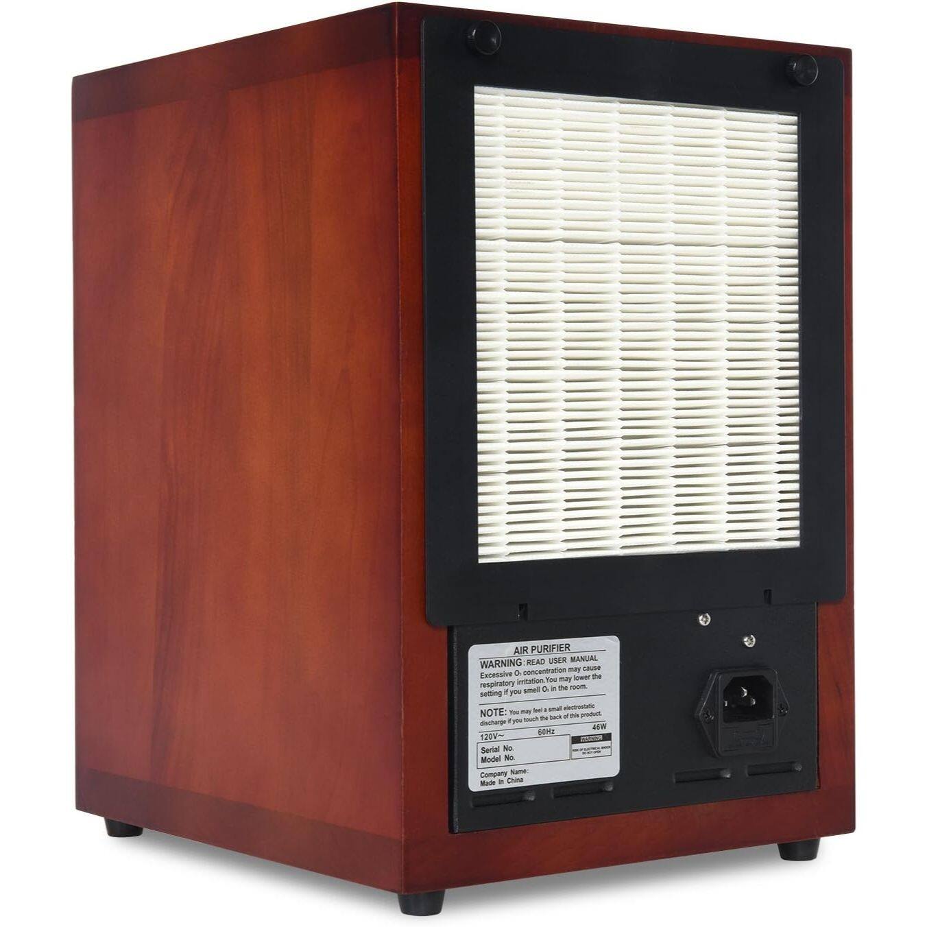 AIR PURIFIER  
WARNING: READ USER MANUAL  
Excessive O2 concentration may lower the concentration of other gases.  
Respiratory D. may be small in the room.  

NOTE:  
- May produce slight vibration  
- Do not touch the back of this product  

120V~  
60Hz  
46W  

Serial No:  
Model No:  
Company Name:  
Made in China