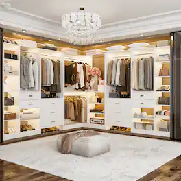 Aheaplus - 100'' Large L Shaped Walk-in Closet System with 10 Wooden Drawers, 6 Hanging Rods and Corner Tower - White