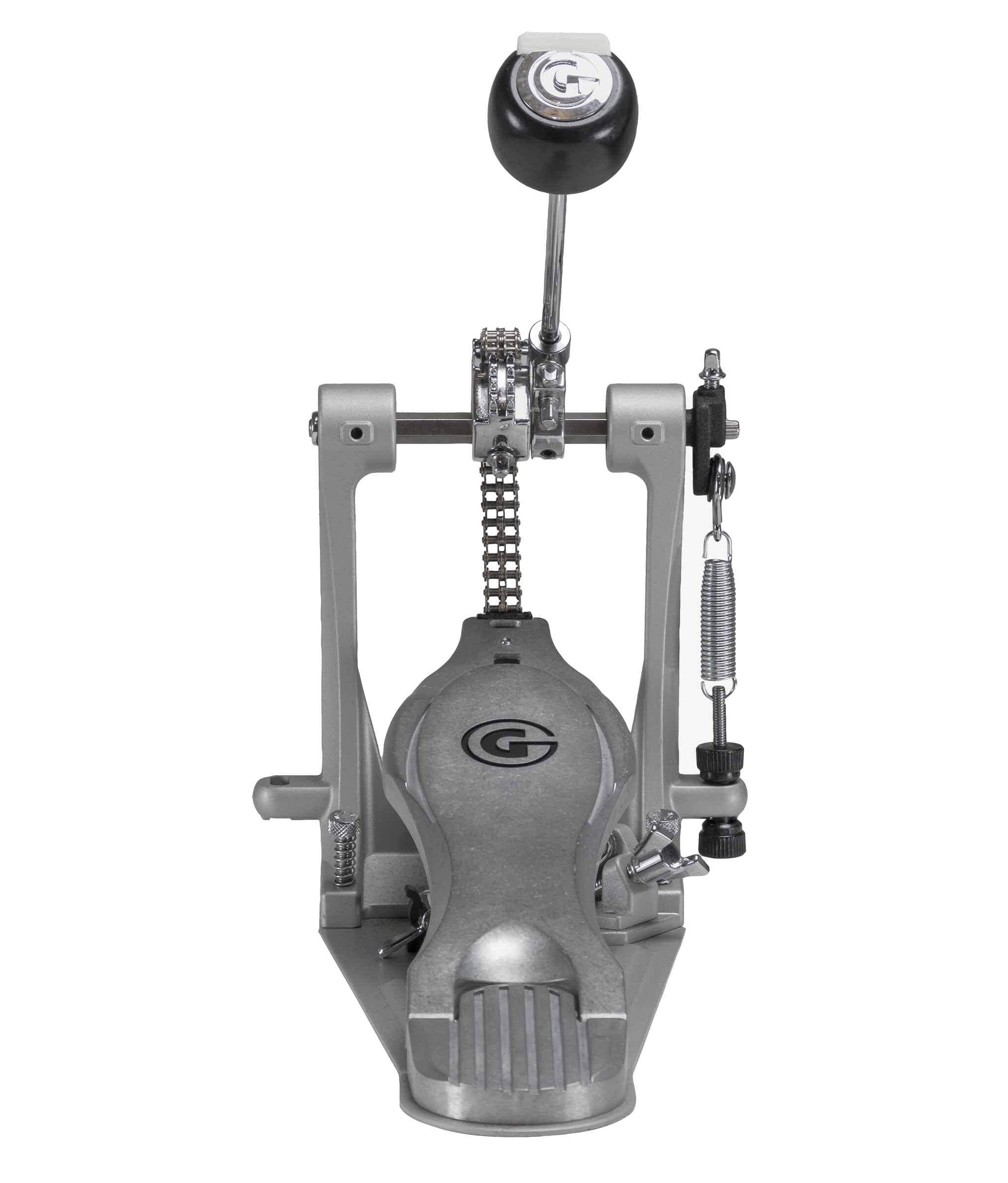 Left. Gibraltar Hardware - Tour Class Double Chain Drive Bass Drum Pedal, with Compact Curved Frame, Patented Rocker Arm, Adjustable Beater.