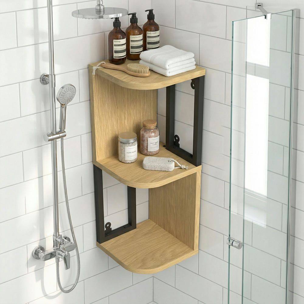 Alt View 4. Kadyn - Corner Floating Shelves, Light Wood and Black Metal Frame with Invisible Bracket for Sag-Free Storage in Living Room - Brown.