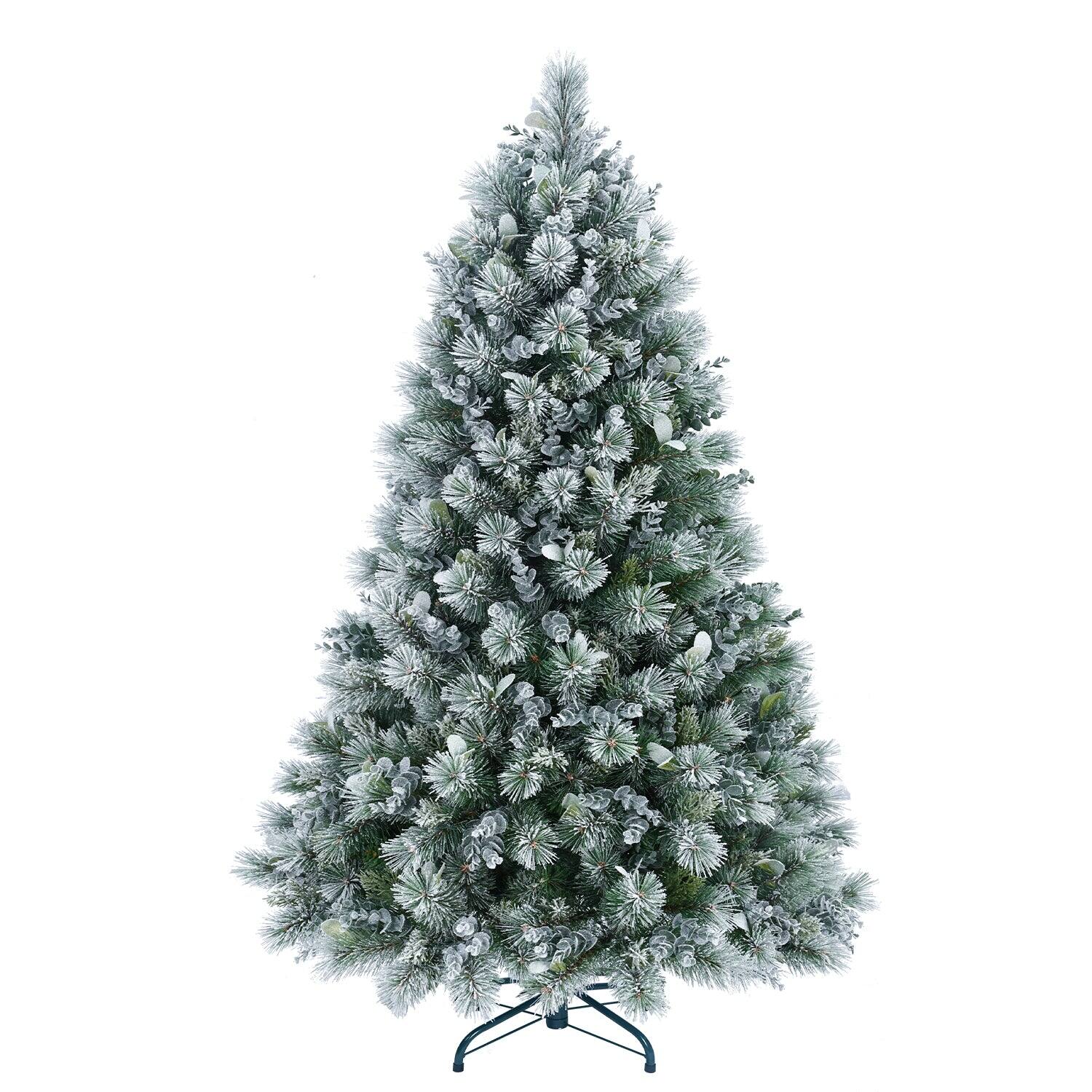 Front. BreeBe - 4FT Flocked Christmas Tree with Pine Needles & Eucalyptus Leaves - White,Green.
