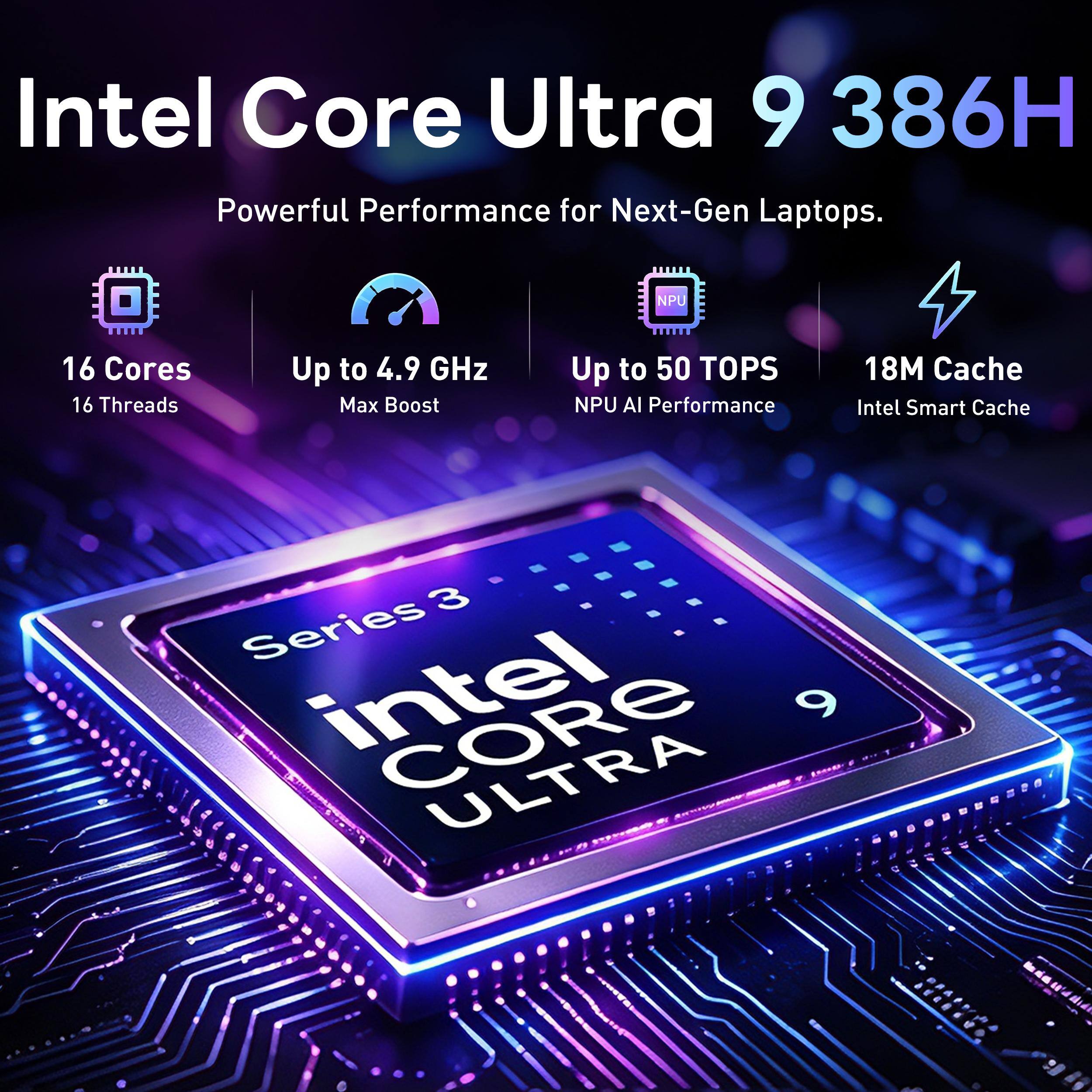 Intel Core Ultra 9 386H Powerful Performance for Next-Gen Laptops.

NPU
16 Cores 16 Threads
Up to 4.9 GHz Max Boost
Up to 50 TOPS NPU AI Performance
18M Cache Intel Smart Cache

3 Series intel ULTRA 9