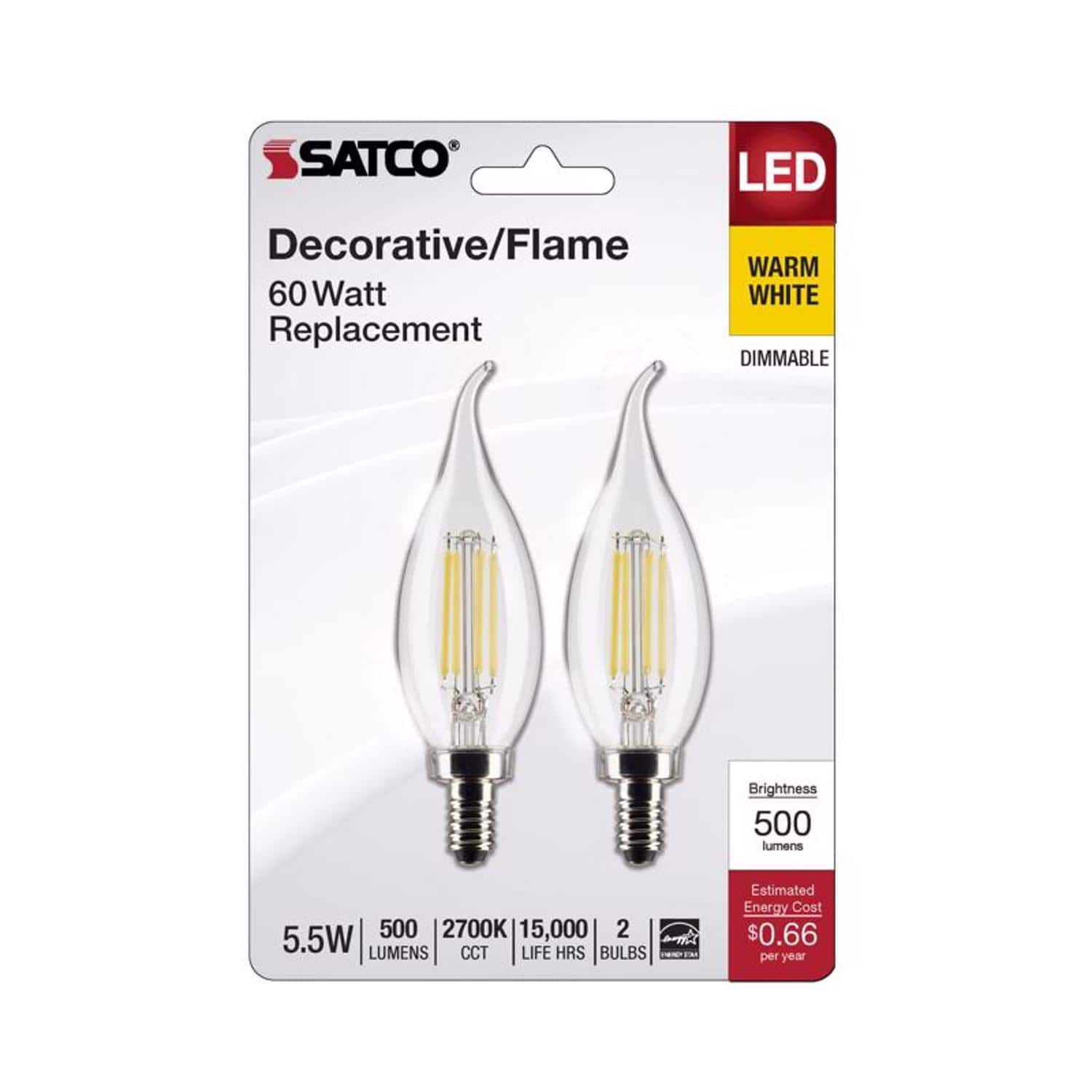 SATCO - CA10 (Flame Tip) E12 (Candelabra) Filament LED Bulb Warm White 60 Watt Equivalence 2 pk