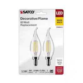 SATCO - CA10 (Flame Tip) E12 (Candelabra) Filament LED Bulb Warm White 60 Watt Equivalence 2 pk