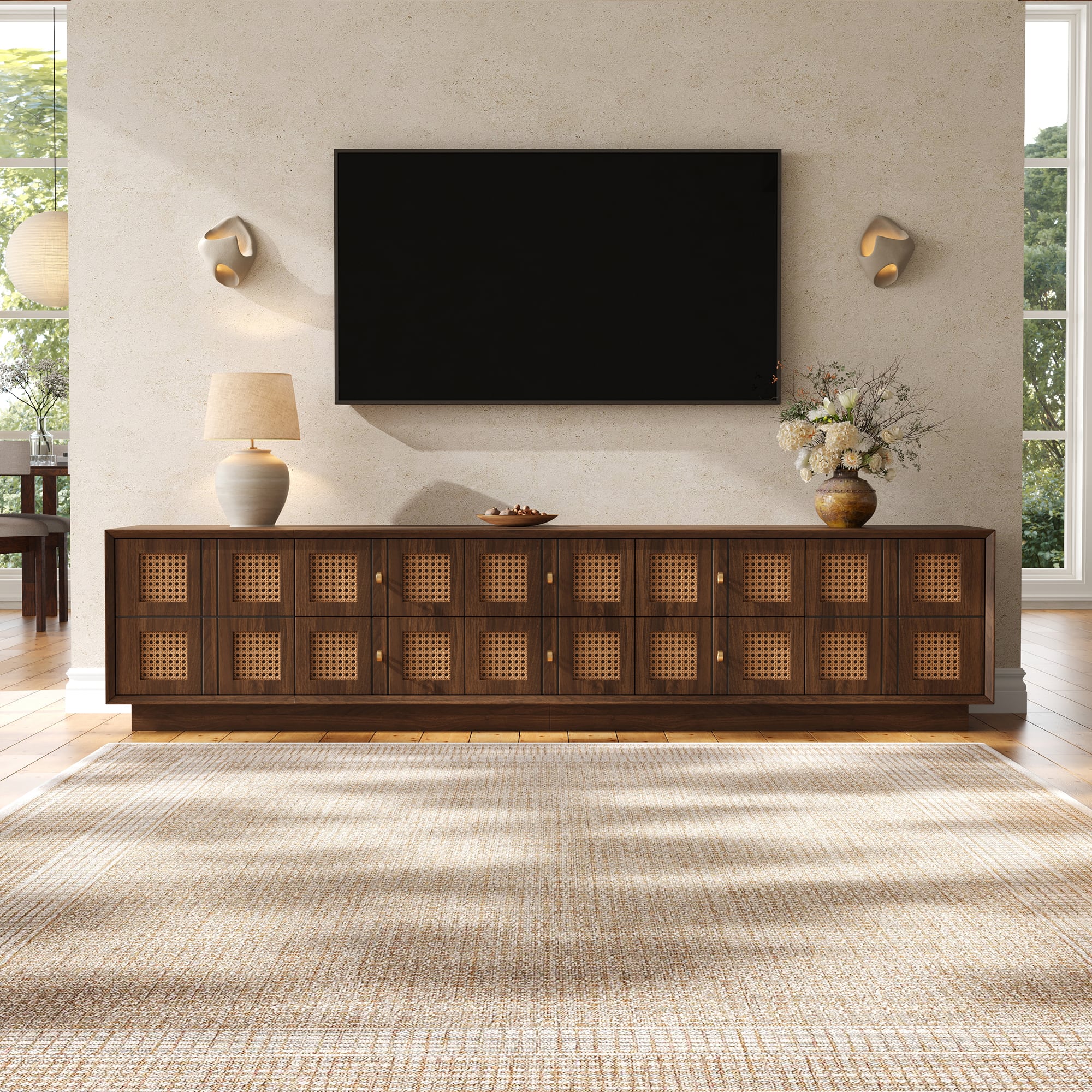 MERAVOM - 72" Media Console TV Stand for 80 Inch TVs, Rattan Entertainment Center with 6 Drawers and 2 Cabinets for Living Room - Walnut