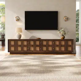 MERAVOM - 72" Media Console TV Stand for 80 Inch TVs, Rattan Entertainment Center with 6 Drawers and 2 Cabinets for Living Room - Walnut