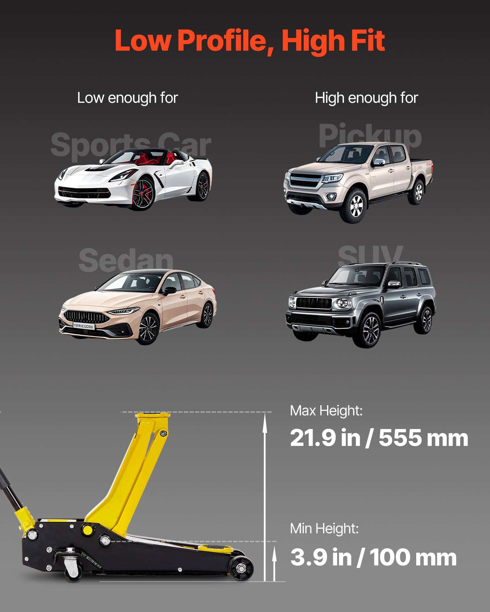 Low Profile, High Fit  
Low enough for Sports Car  
High enough for Pickup  

22 IP Sedan SLIV 1AO TRIECOO  

Max Height: 21.9 in / 555 mm  
Min Height: 3.9 in / 100 mm